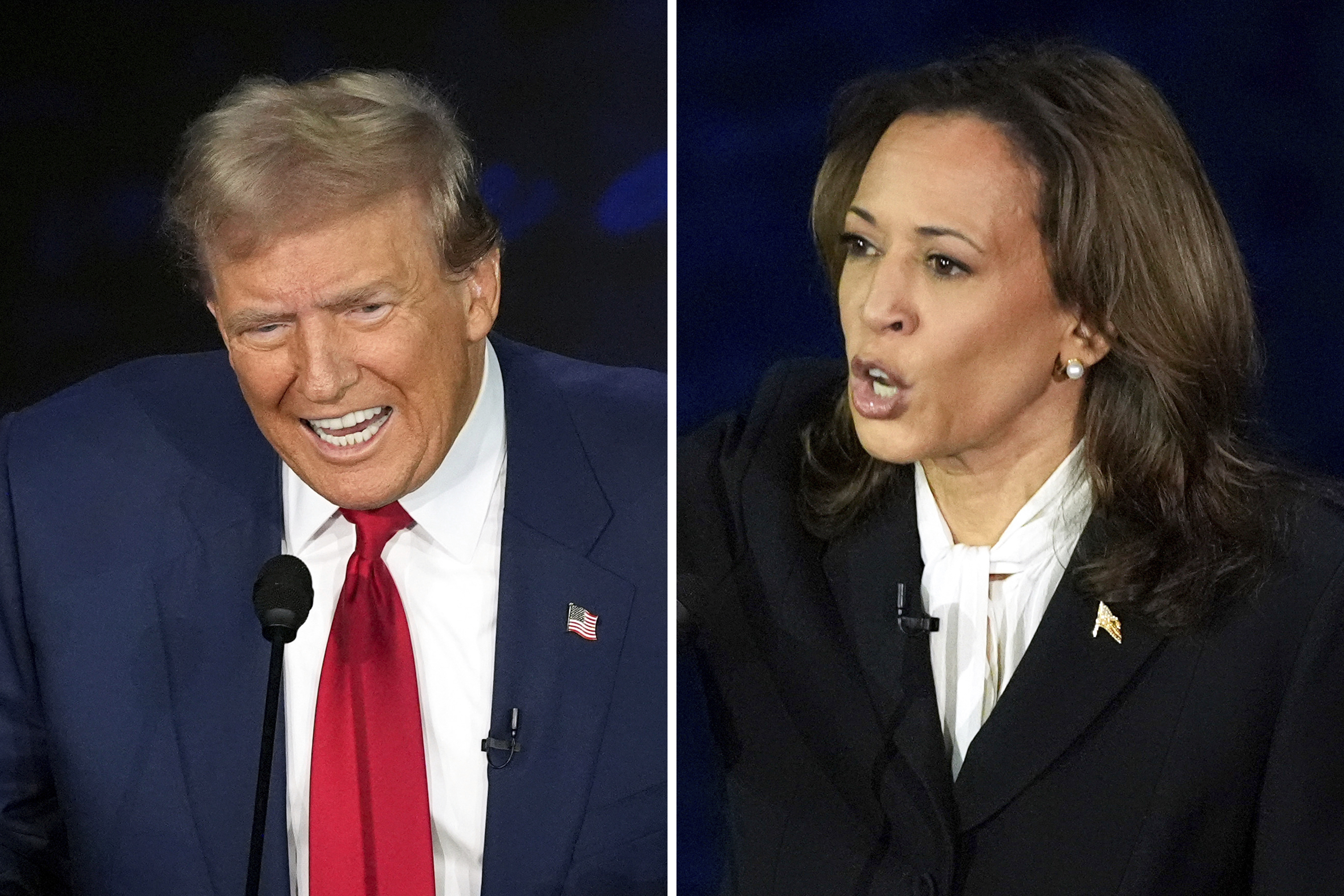 This combination of photos shows Republican presidential nominee former President Donald Trump, left, and Democratic presidential nominee Vice President Kamala Harris during an ABC News presidential debate at the National Constitution Center, Tuesday, Sept. 10, 2024, in Philadelphia. (AP Photo/Alex Brandon)