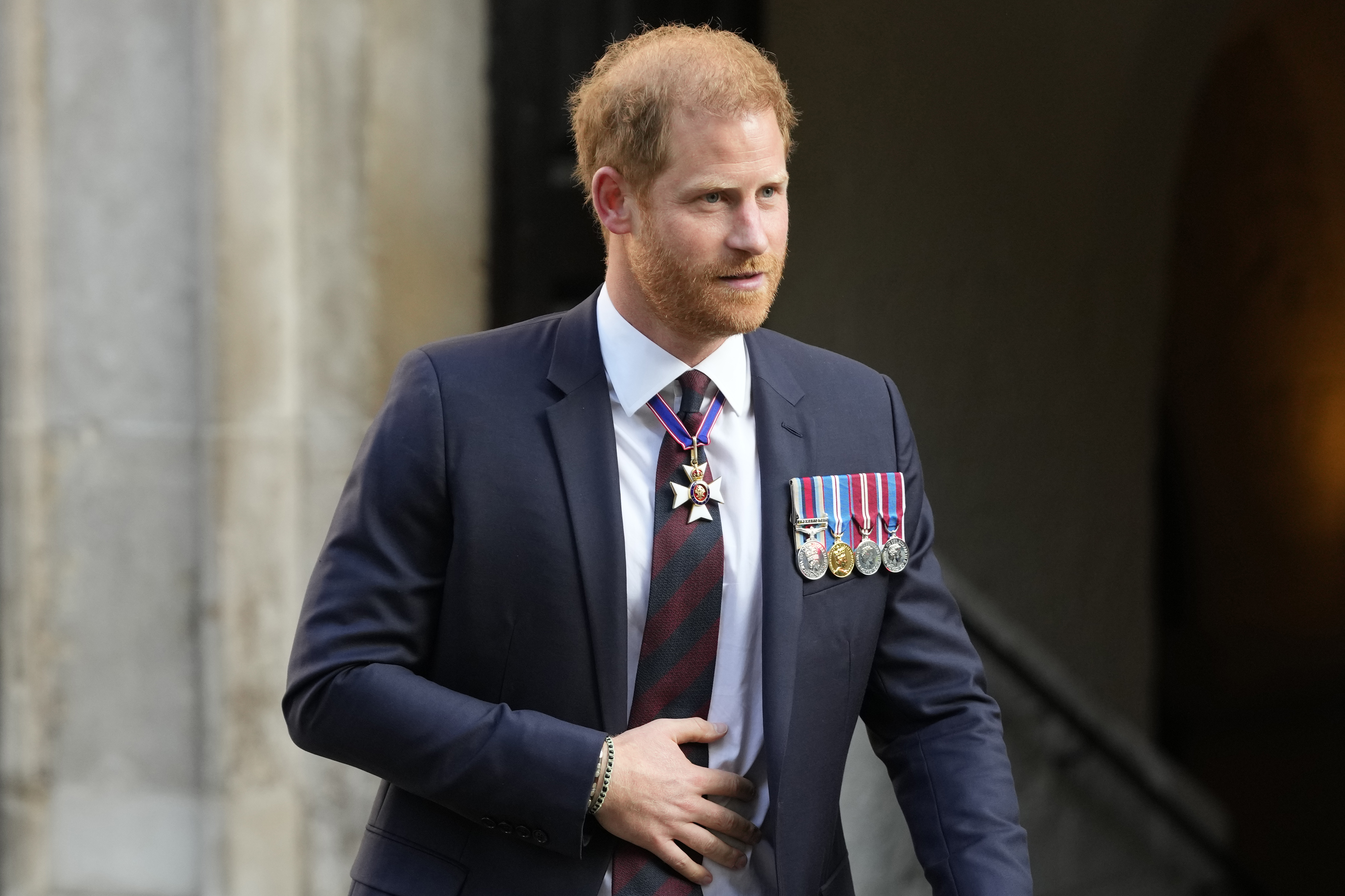 FILE - Britain's Prince Harry leaves after attending an Invictus Games Foundation 10th Anniversary Service of Thanksgiving at St Paul's Cathedral in London, on May 8, 2024. Prince Harry said that his crusade against the British tabloids has contributed to his royal family rift, according to a documentary airing Thursday July 25, 2024. (AP Photo/Kirsty Wigglesworth, File)