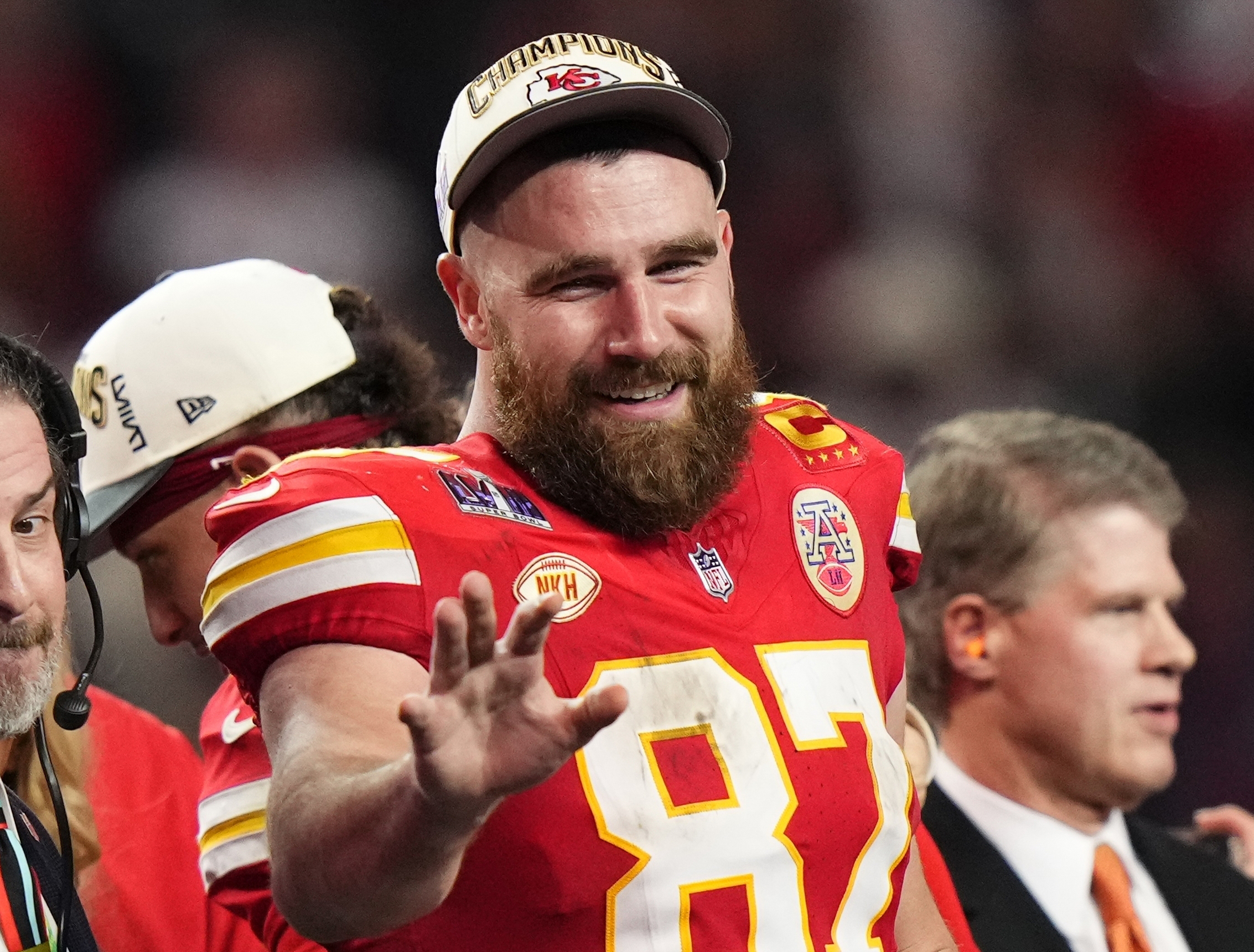 FILE - Kansas City Chiefs tight end Travis Kelce (87) waves after the NFL Super Bowl 58 football game against the San Francisco 49ers Sunday, Feb. 11, 2024, in Las Vegas. Kelce will bring his highly successful music festival called Kelce Jam back to Kansas City. The second annual one-day event held on May 18 will be hosted by the superstar tight end of the Chiefs and headlined by Lil Wayne, 2 Chainz, Diplo and local legend Tech N9ne. (AP Photo/Frank Franklin II, File)