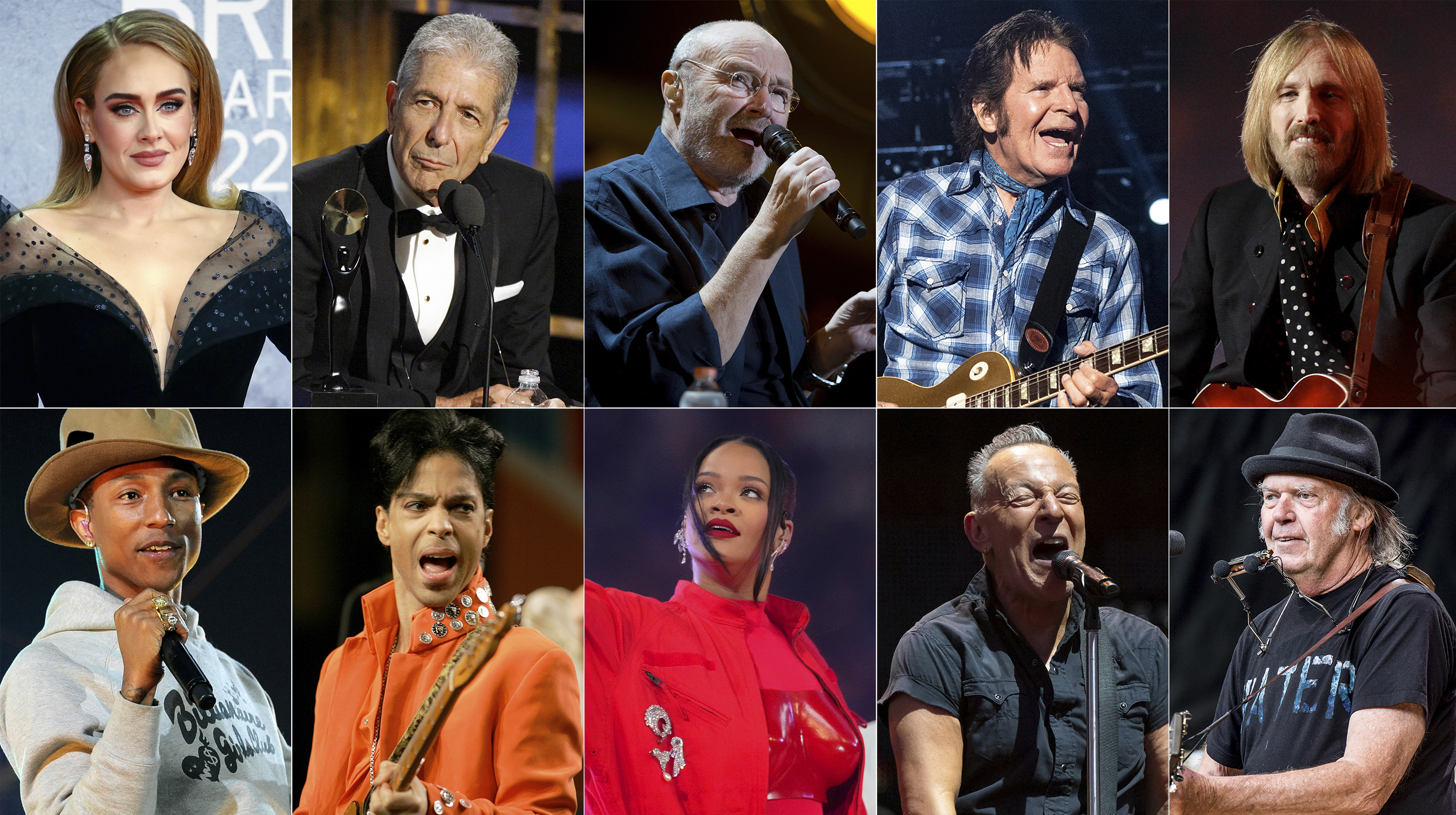 This combination of photos show, top row from left, Adele, Leonard Cohen, Phil Collins, John Fogerty and Tom Petty, bottom row from left, Pharrell, Prince, Rihanna, Bruce Springsteen and Neil Young. (AP Photo)