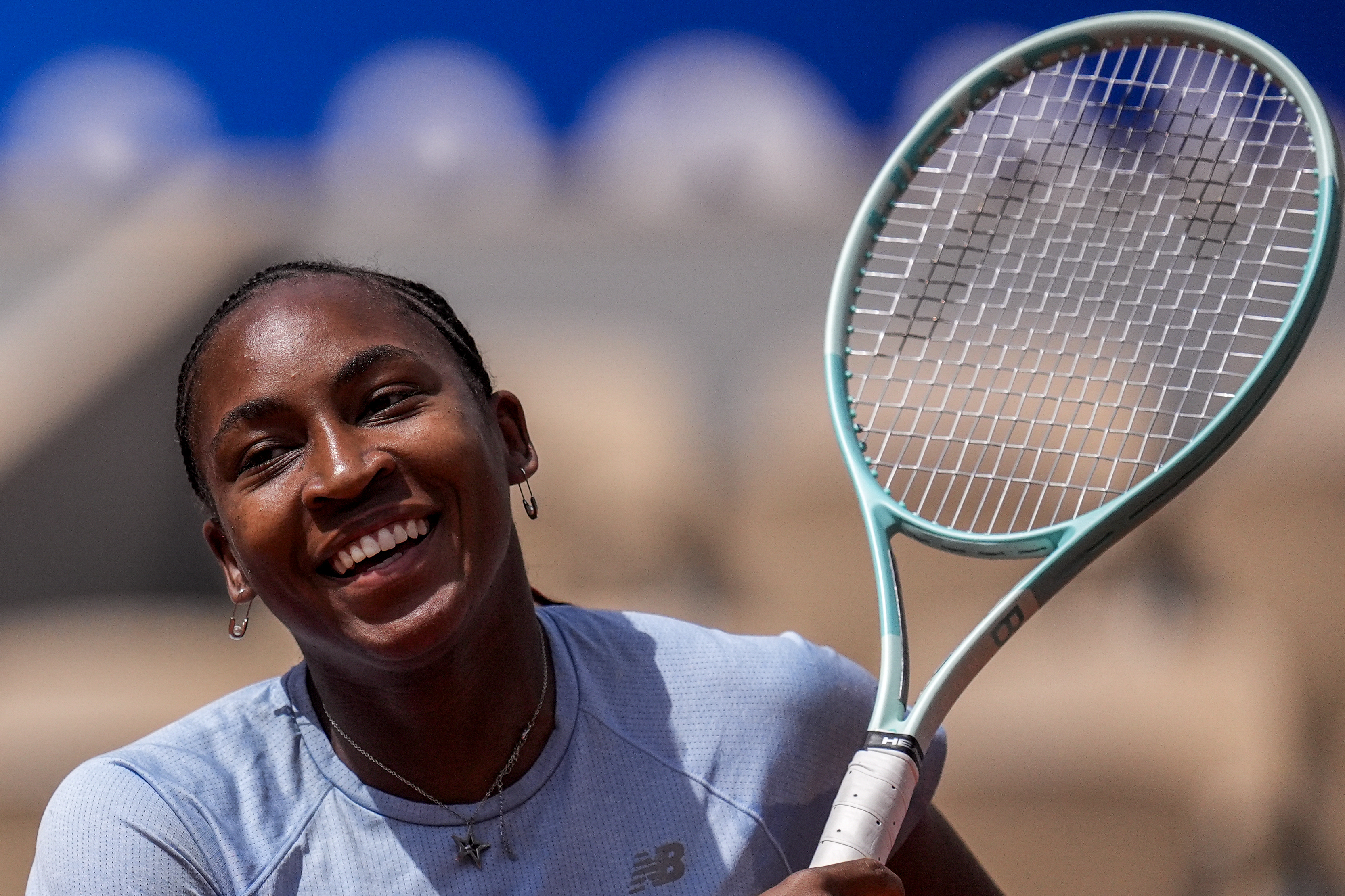 Coco Gauff of the U.S. attends a practice session ahead of the tennis competition, at the 2024 Summer Olympics, Thursday, July 25, 2024, in Paris, France. (AP Photo/Manu Fernandez)