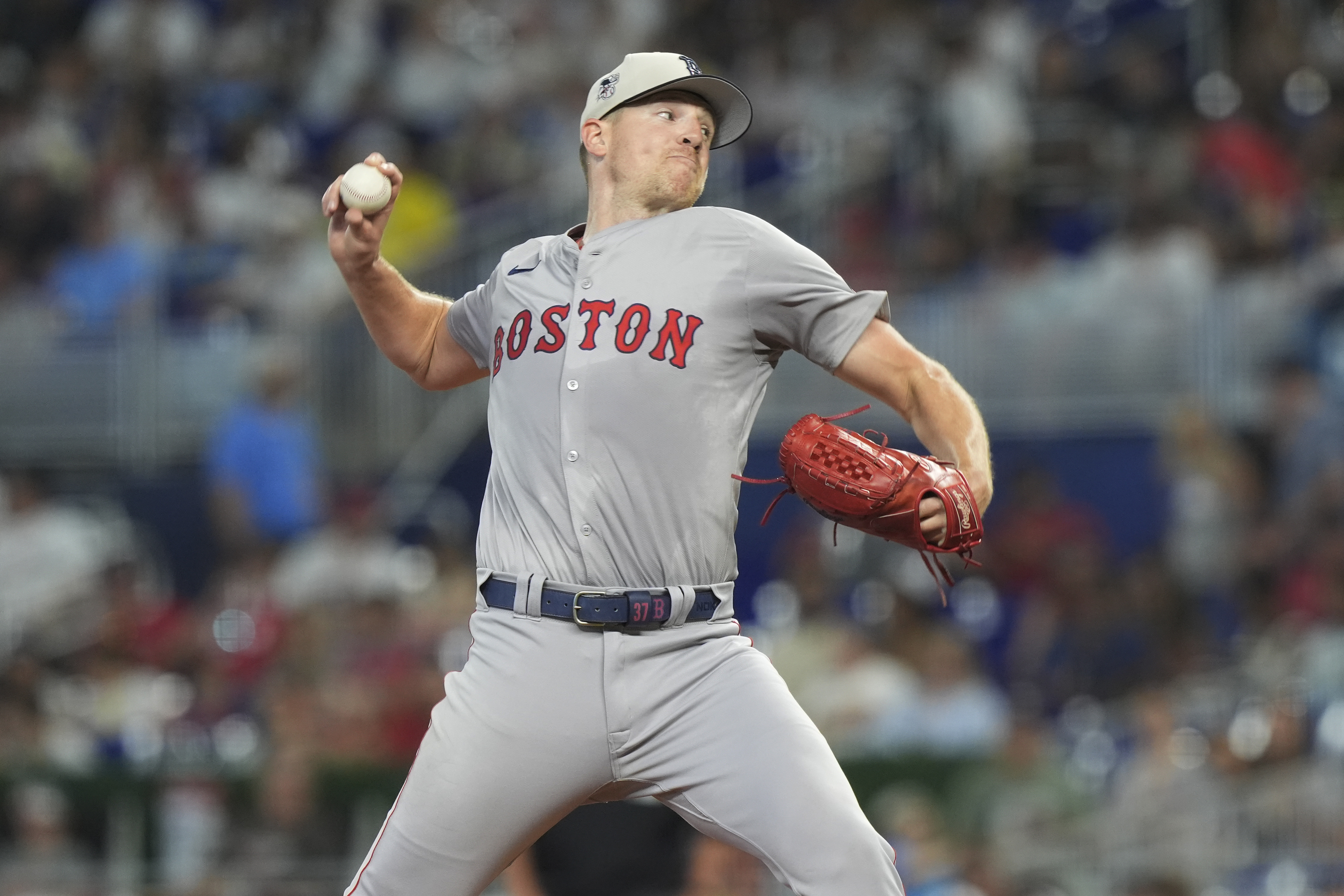 Boston Red Sox pitcher Nick Pivetta (37) aims a pitch during the first inning of a baseball game against the Miami Marlins, Thursday, July 4, 2024, in Miami. (AP Photo/Marta Lavandier)