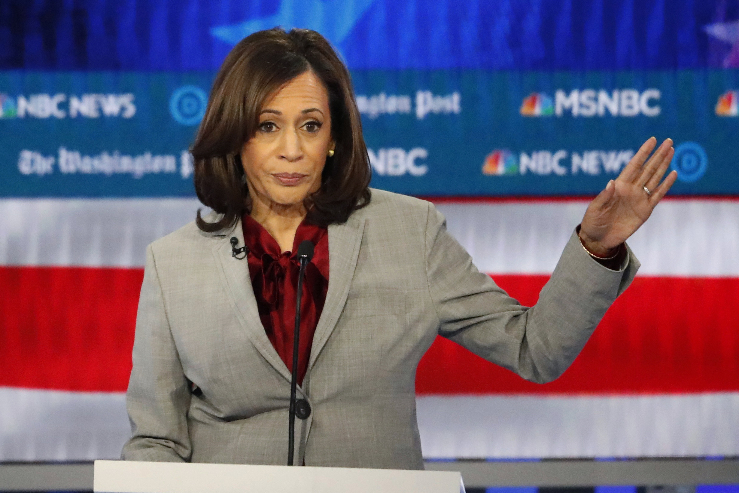 FILE - Democratic presidential candidate Sen. Kamala Harris, D-Calif., speaks during a Democratic presidential primary debate, Nov. 20, 2019, in Atlanta.