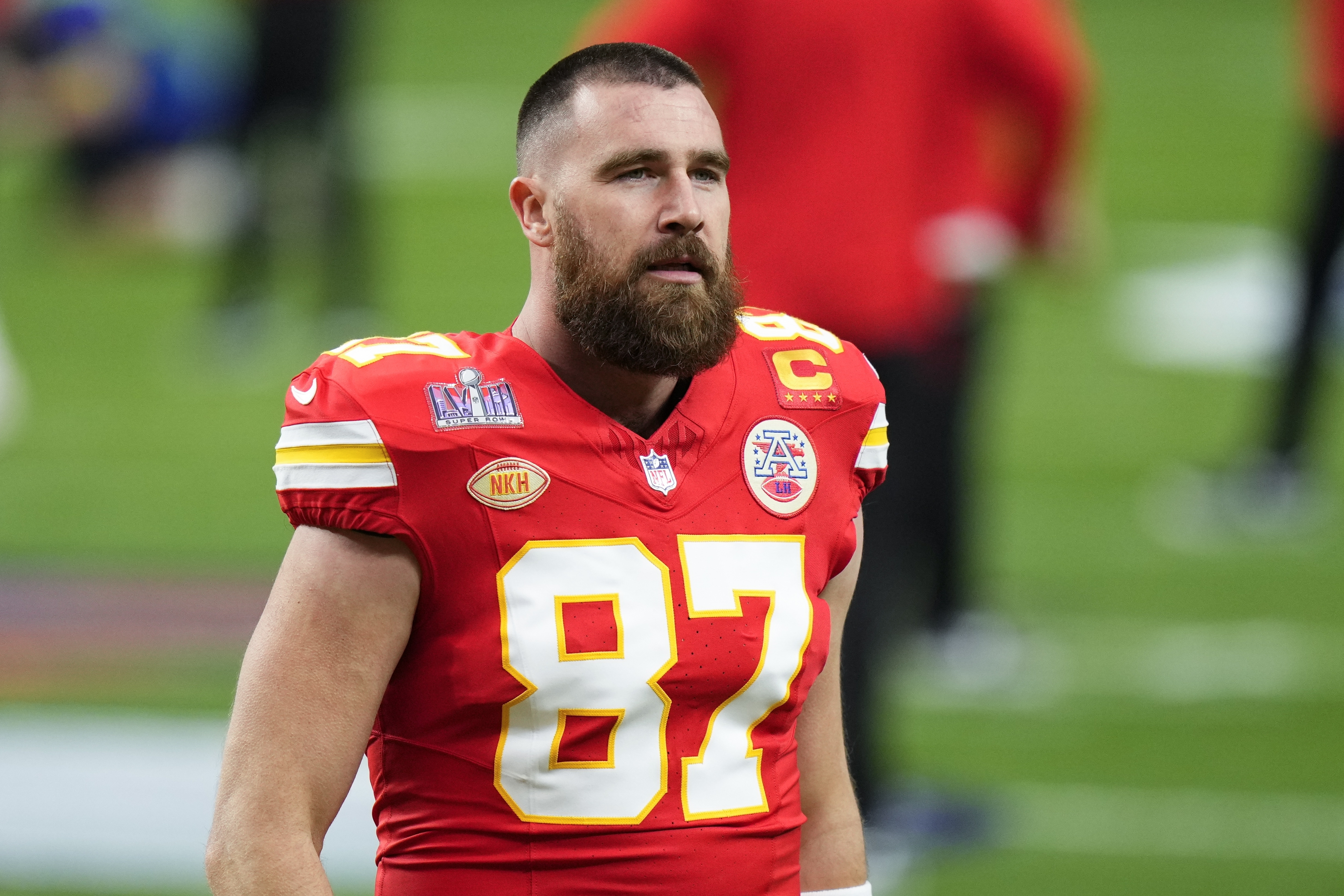 Kansas City Chiefs tight end Travis Kelce (87) warms up before the NFL Super Bowl 58 football game against the San Francisco 49ers, Sunday, Feb. 11, 2024, in Las Vegas. (AP Photo/Frank Franklin II)