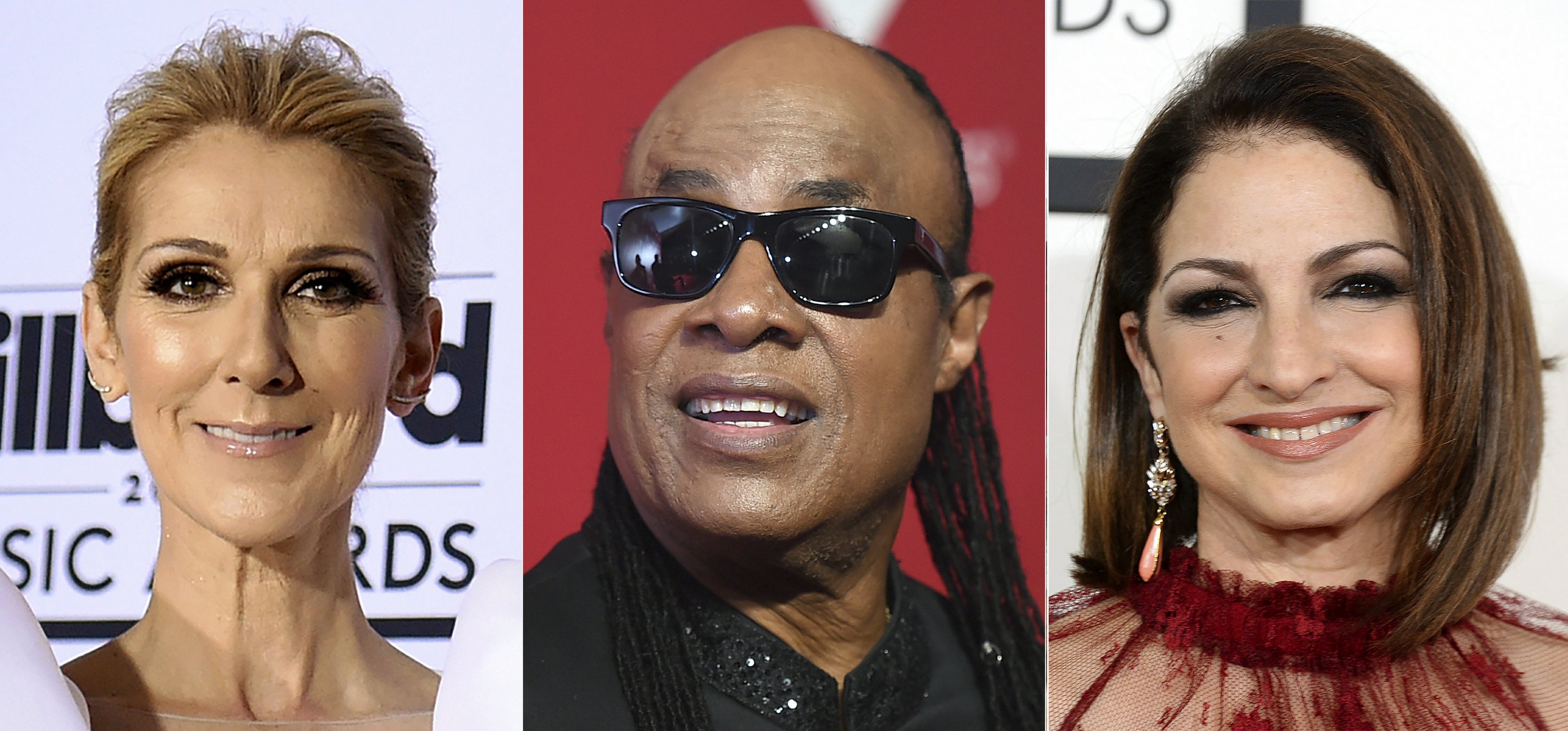 This combination photo shows performers, from left, Celine Dion, Stevie Wonder and Gloria Estefan, who are among the entertainers honoring nurses in a star-studded benefit virtual concert on Thanksgiving. Nurse Heroes Live will stream on the organization’s YouTube and Facebook along with LiveXLive on Nov. 26 at 7 p.m. EST. The benefit will provide money for a variety of programs including scholarships for nurses and their children. (AP Photo)