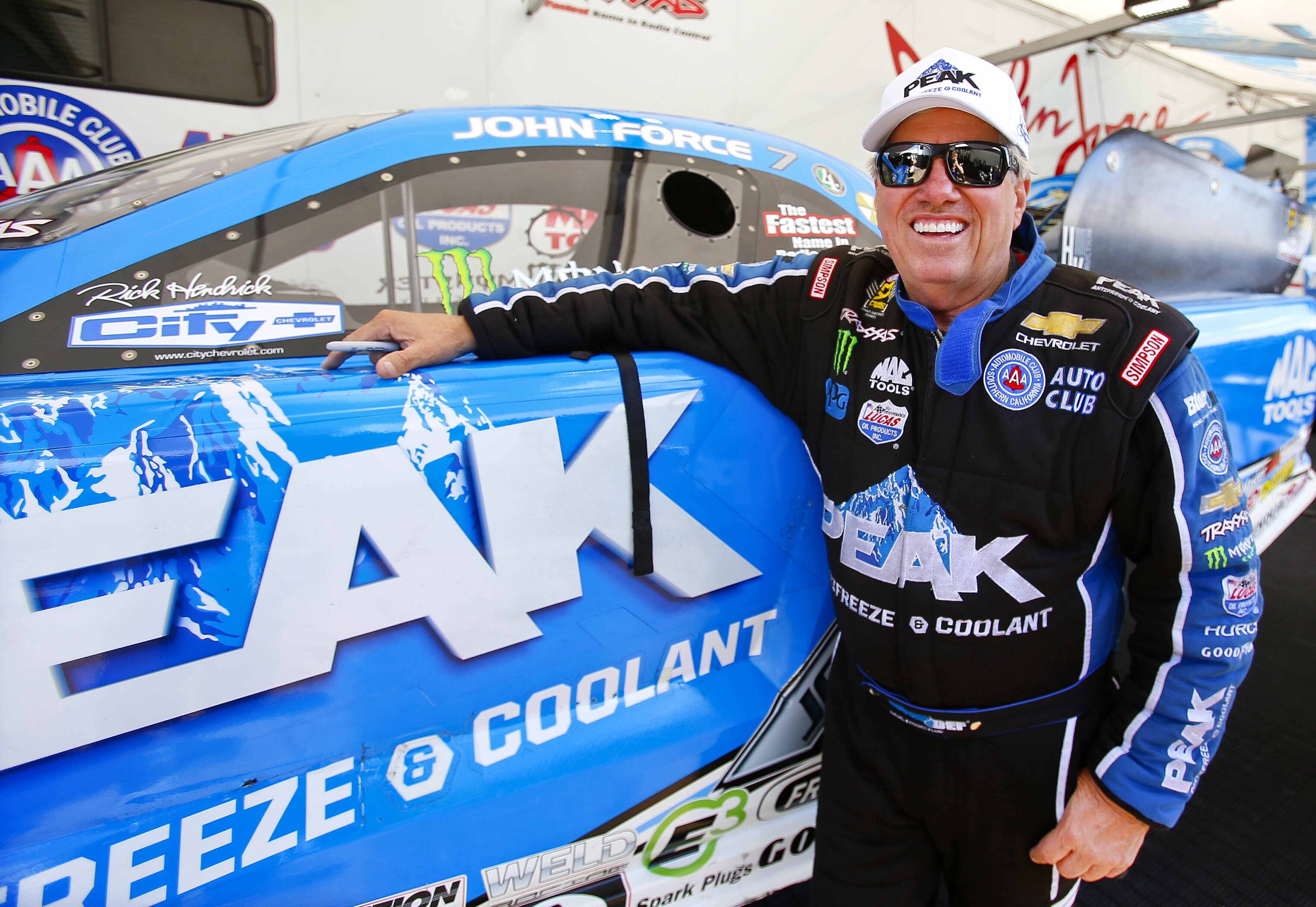 FILE - Funny Car driver John Force looks to get back on track for the last day of qualifying at the NHRA Kansas Nationals at Heartland Park, May 21, 2016, in Topeka Kansas. Force raced to his record 157th NHRA victory on Sunday, June 2, 2024, at age 75, beating teammate Austin Prock in the Funny Car final at the NHRA New England Nationals. (Chris Neal/The Topeka Capital-Journal via AP)