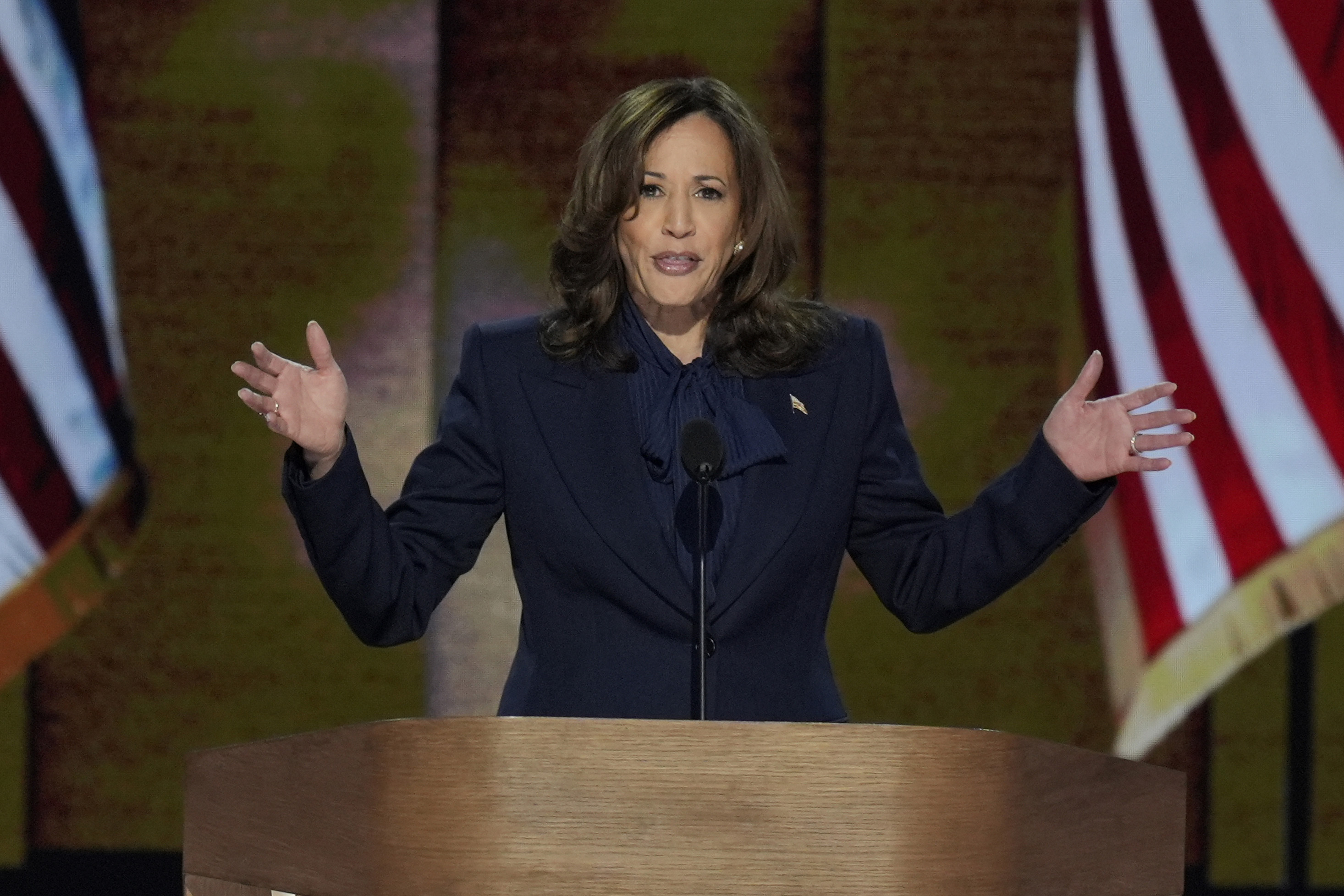 Democratic presidential nominee Vice President Kamala Harris speaks during the Democratic National Convention Thursday, Aug. 22, 2024, in Chicago. (AP Photo/J. Scott Applewhite)