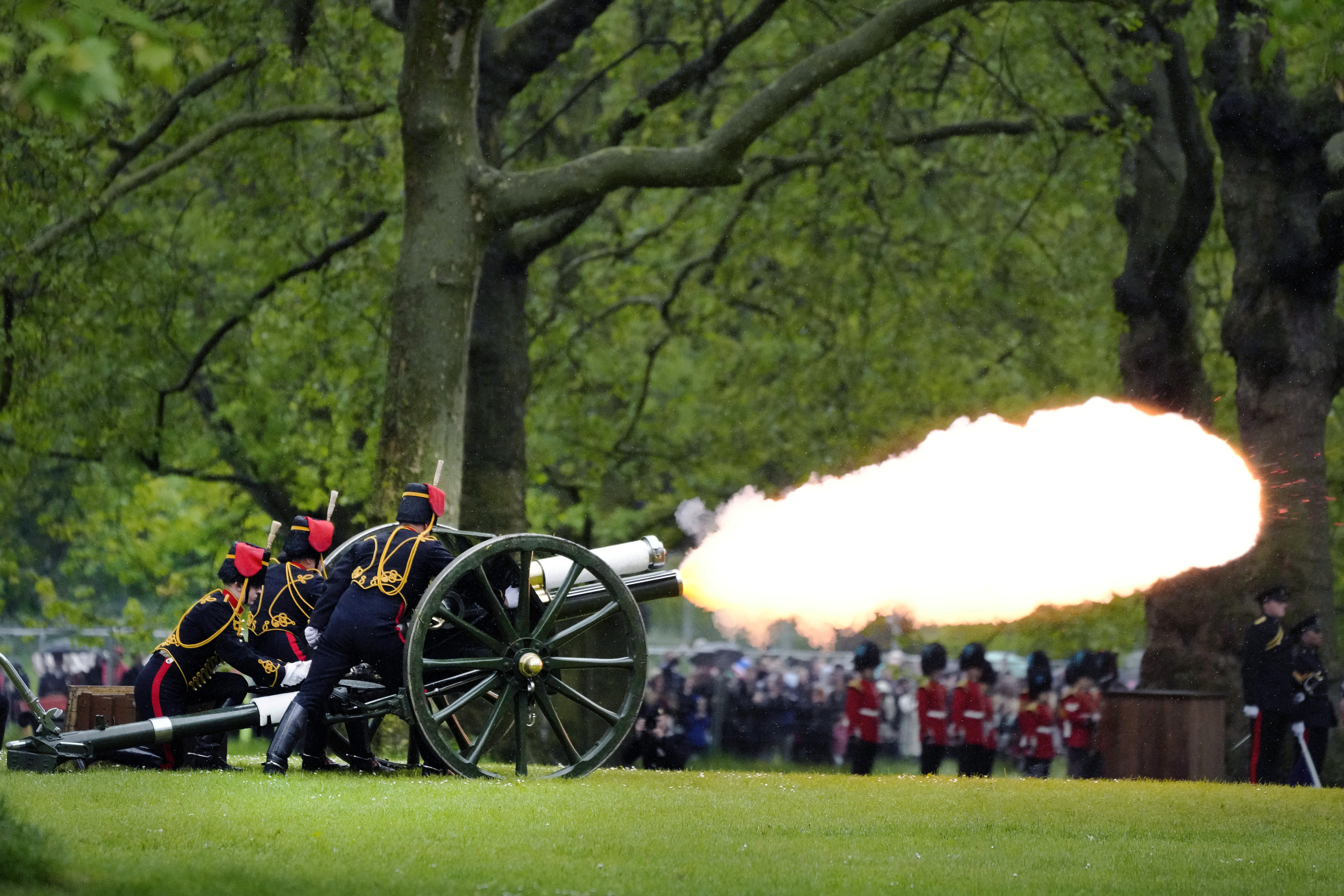 The King's Troop Royal Horse Artillery fire a 41 Gun Royal Salute in Green Park to mark the first anniversary of the Coronation of Britain's King Charles III and Queen Camilla, in London, Monday, May 6, 2024. (AP Photo/Frank Augstein)