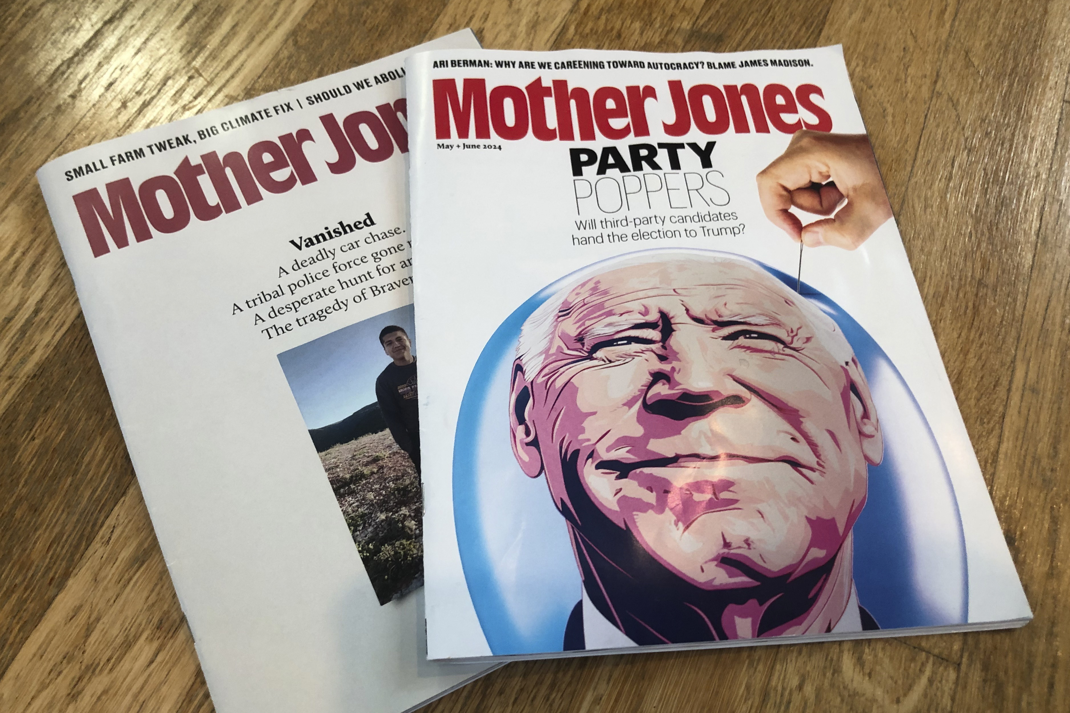 Copies of Mother Jones are shown in a photo taken on Wednesday, June 26, 2024, in Providence, R.I. The Center for Investigative Reporting, the publisher of Reveal and Mother Jones, said Thursday, June 27, 2024, it is suing ChatGPT maker OpenAI and its closest business partner, Microsoft, marking a new front in the legal battle between news publications fighting against unauthorized use of their content on artificial intelligence platforms. (AP Photo/Matt O'Brien)