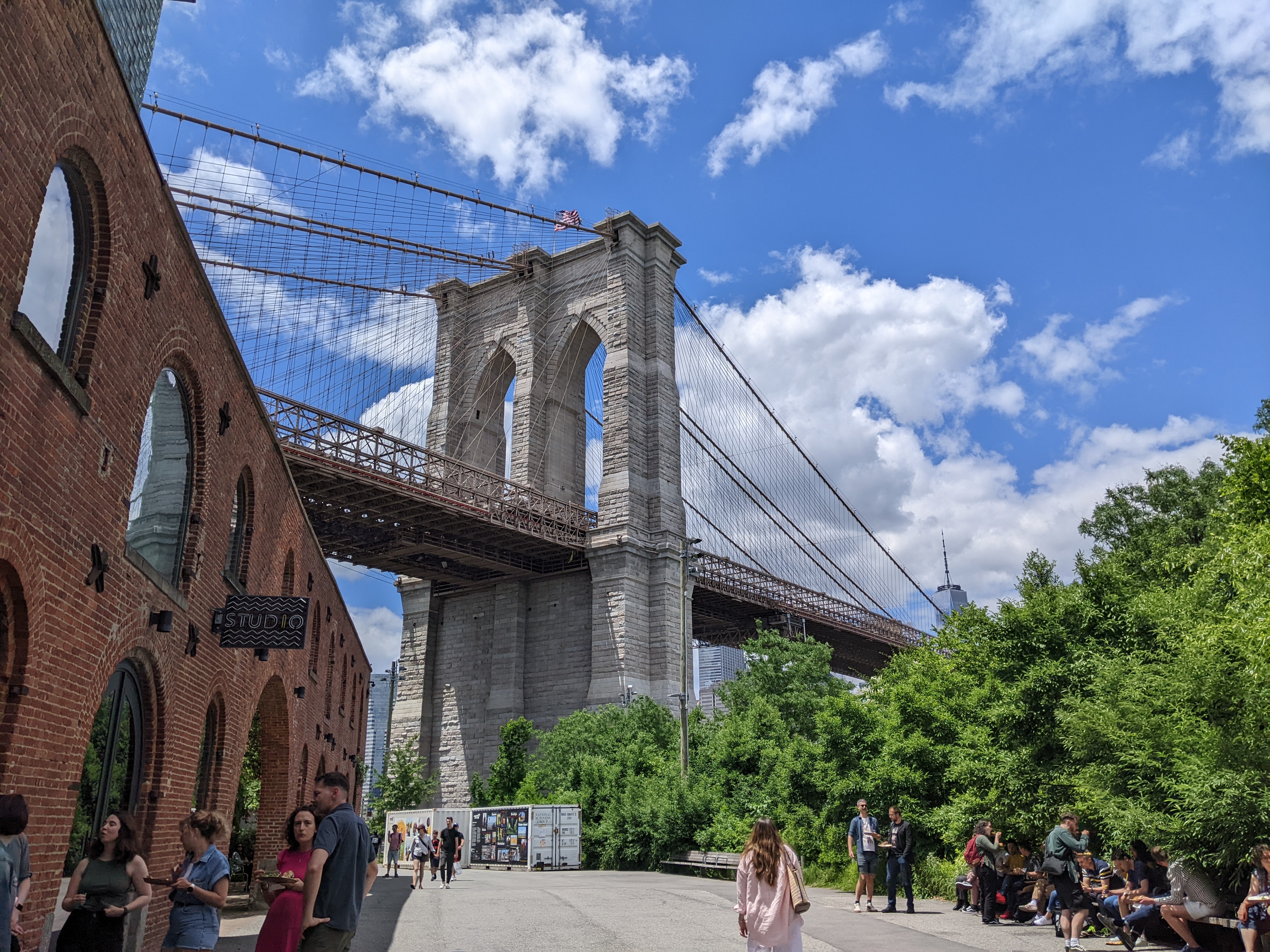 The Brooklyn Bridge is seen in New York on Monday, June 10, 2024. Social media users are sharing videos showing banners from the HBO series "House of the Dragon" hanging from the Brooklyn and Manhattan bridges, falsely claiming that the banners are real. (Melissa Goldin via AP)