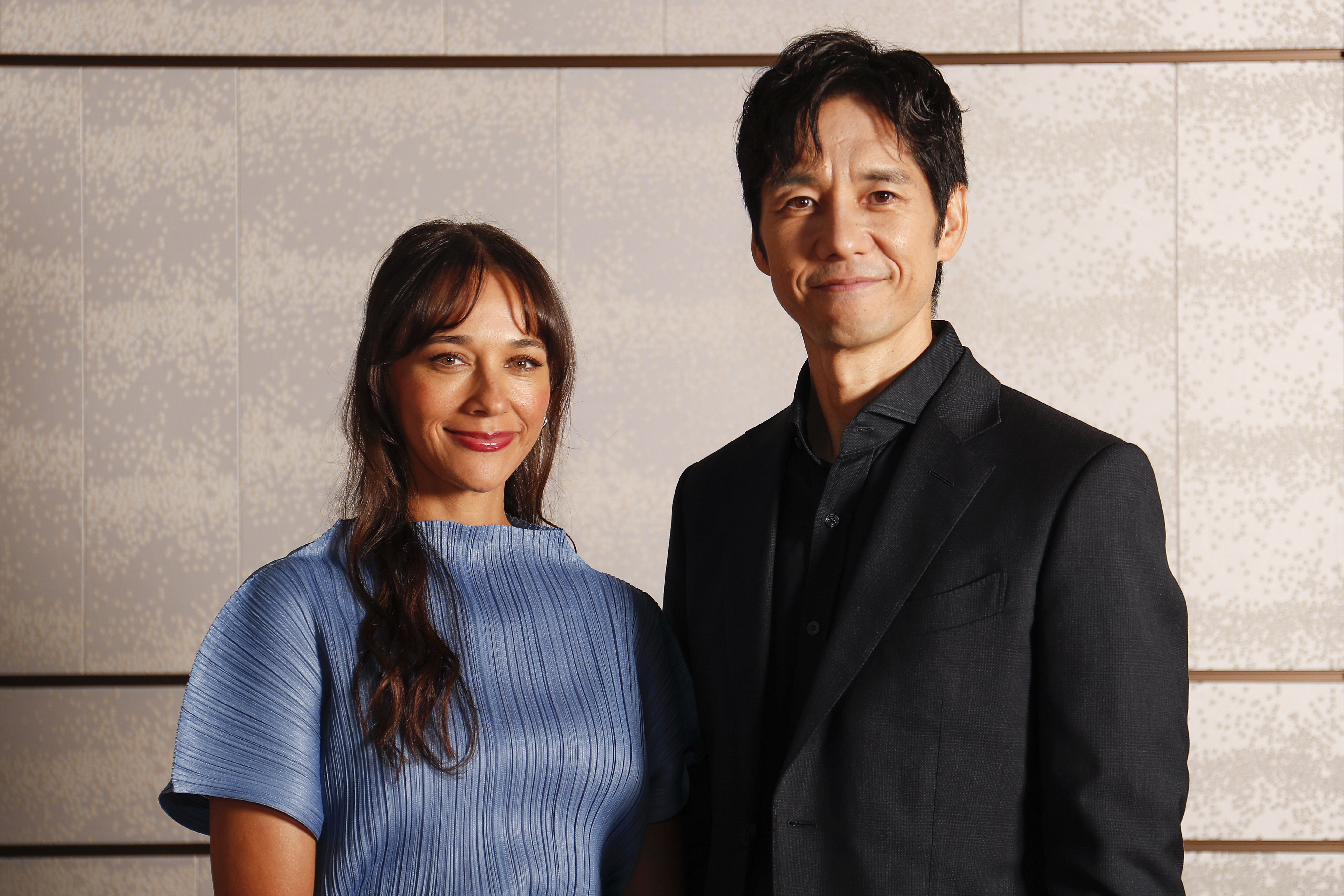 Rashida Jones, left, and Hidetoshi Nishijima pose for a photo in Tokyo on Tuesday, June 25, 2024, during a media event for the Apple TV+ series "Sunny." (Photo/Rodrigo Reyes Marin)