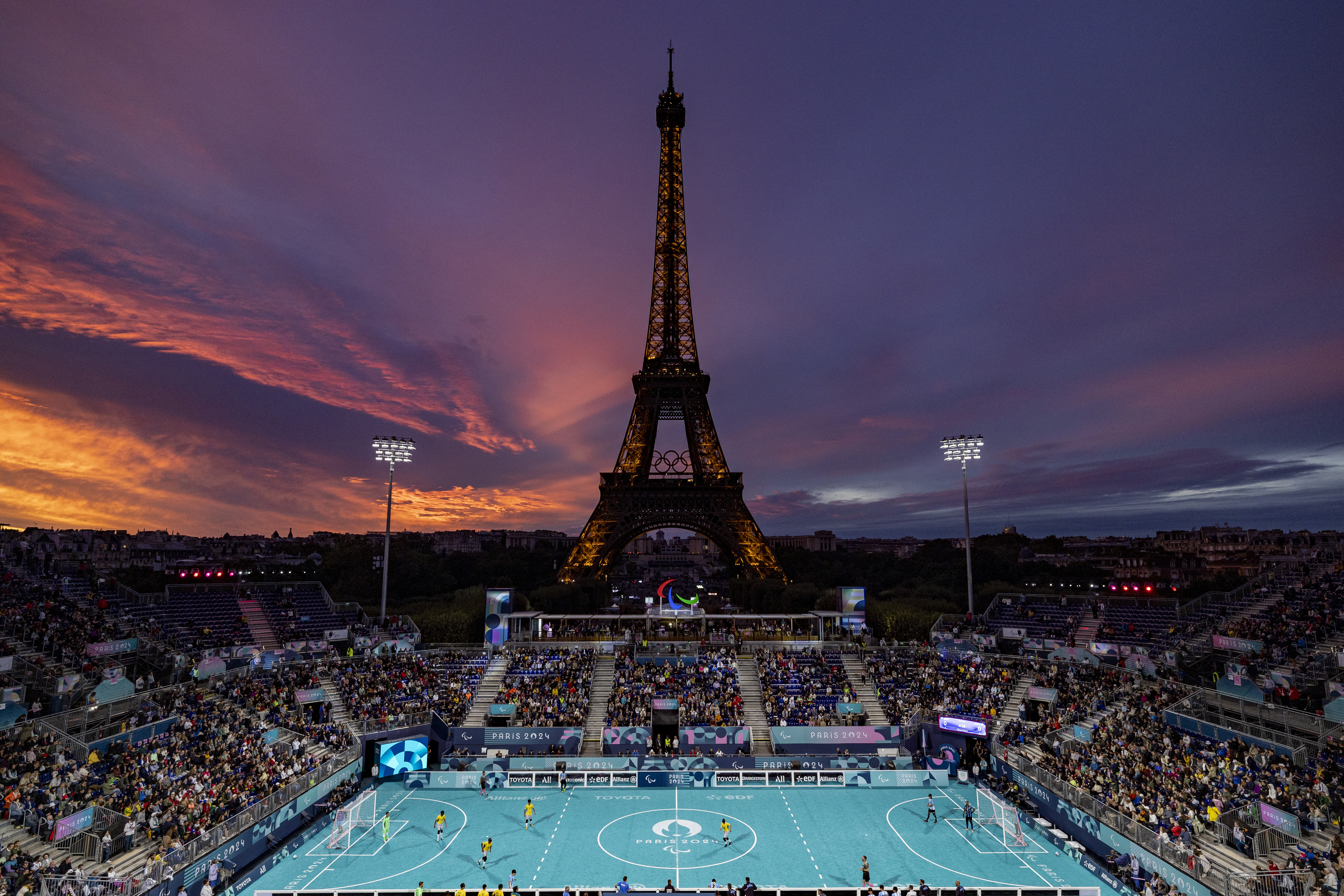 General view during the Blind Football Men's Semi-Final Match between Brazil and Argentina at the Eiffel Tower Stadium at dusk at the Paris 2024 Paralympic Games, Paris, France, Thursday Sept. 5, 2024. (Adrian Dennis/OIS/IOC via AP)