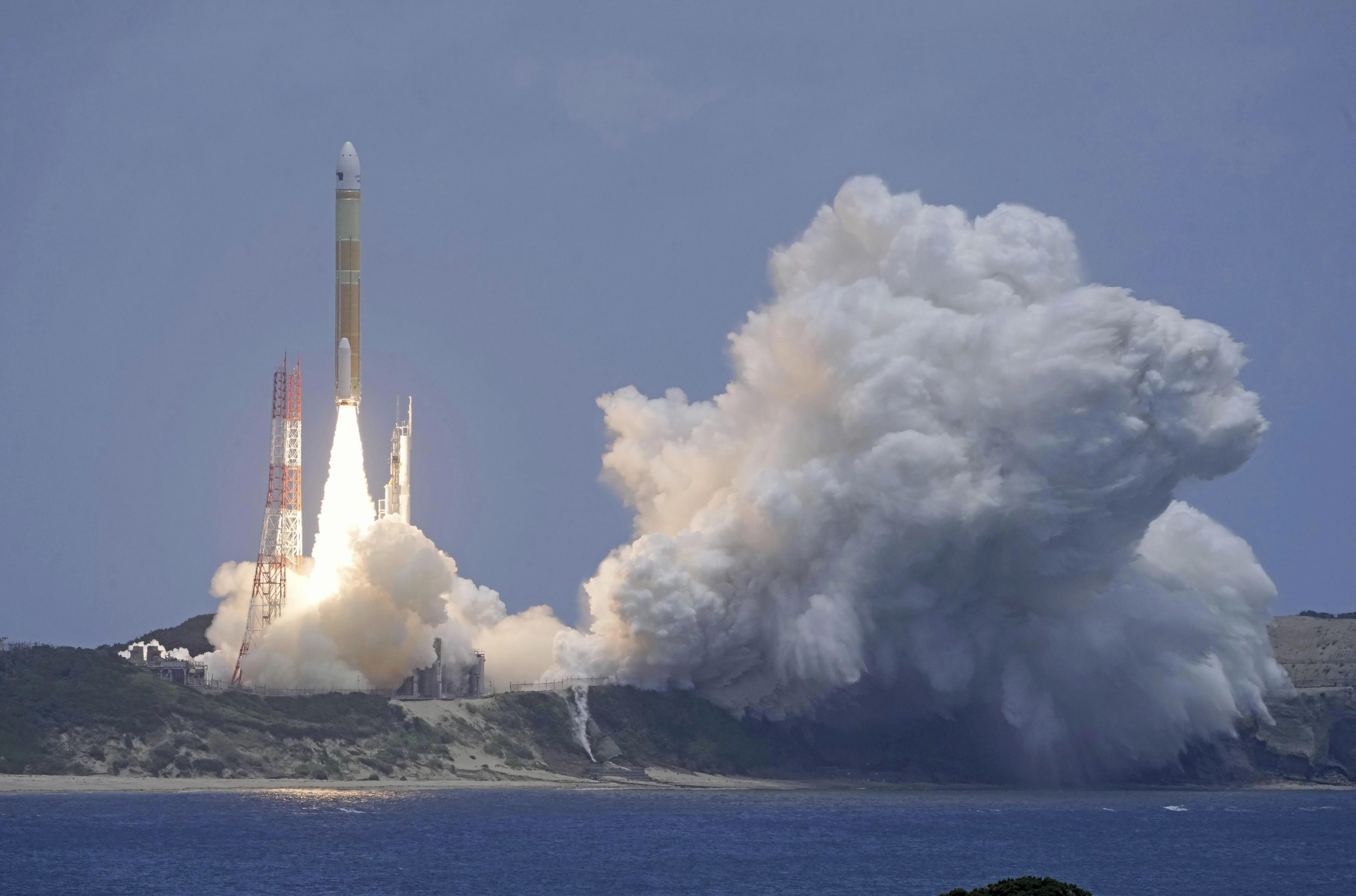 Japan’s H3 rocket with satellite Daichi 4 lifts off the launch pad in Tanegashima Space Center, Tanegashima, Kagoshima prefecture, southern Japan, Monday, July 1, 2024. Japan’s space agency on Monday launched the new flagship H3 rocket carrying an upgraded observation satellite for disaster response and security.(Kyodo News via AP)