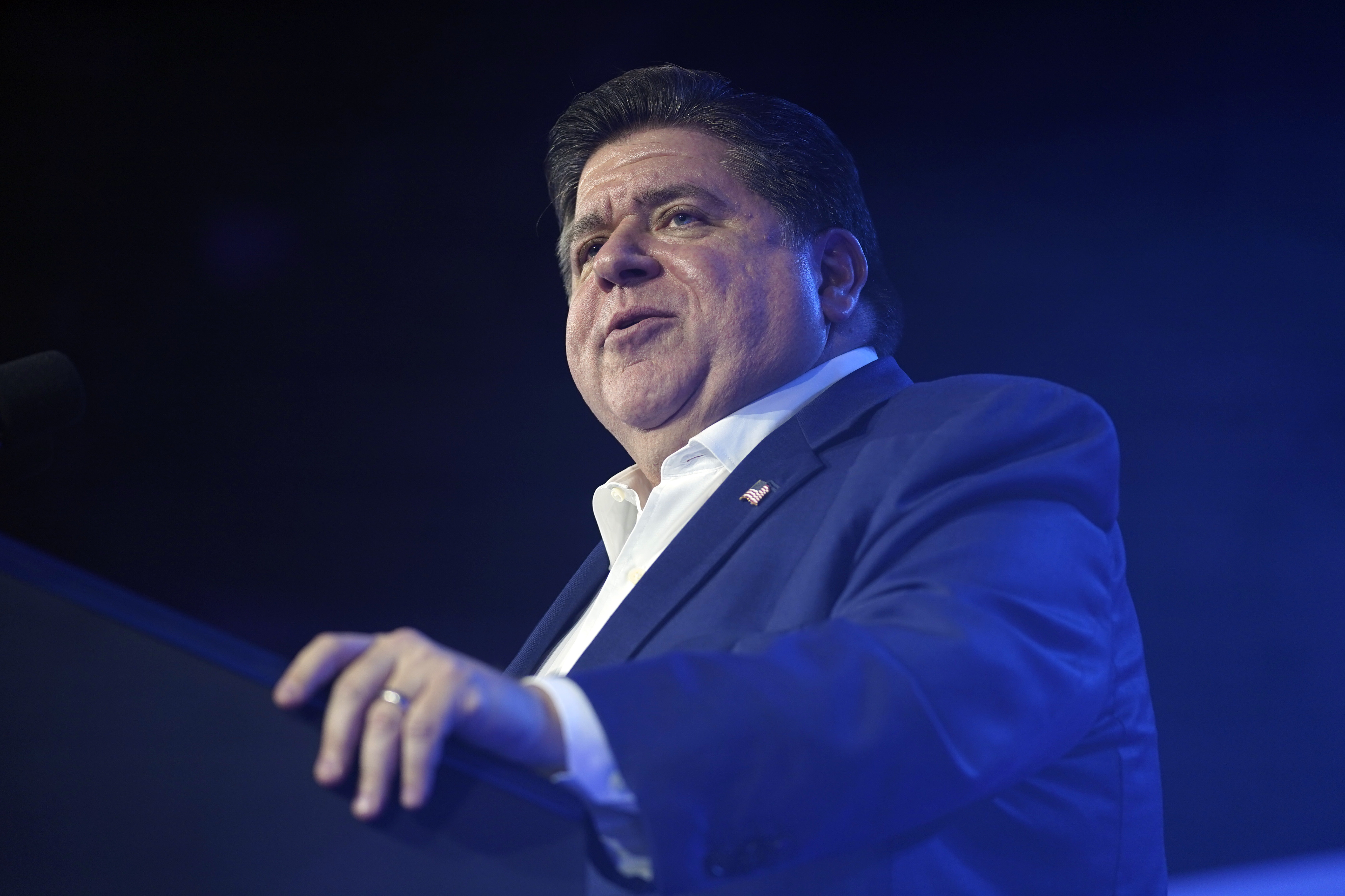 FILE - Illinois Gov. JB Pritzker speaks before President Joe Biden at an event with United Auto Workers at the Community Building Complex of Boone County, Nov. 9, 2023, in Belvidere, Ill. (AP Photo/Evan Vucci, File)