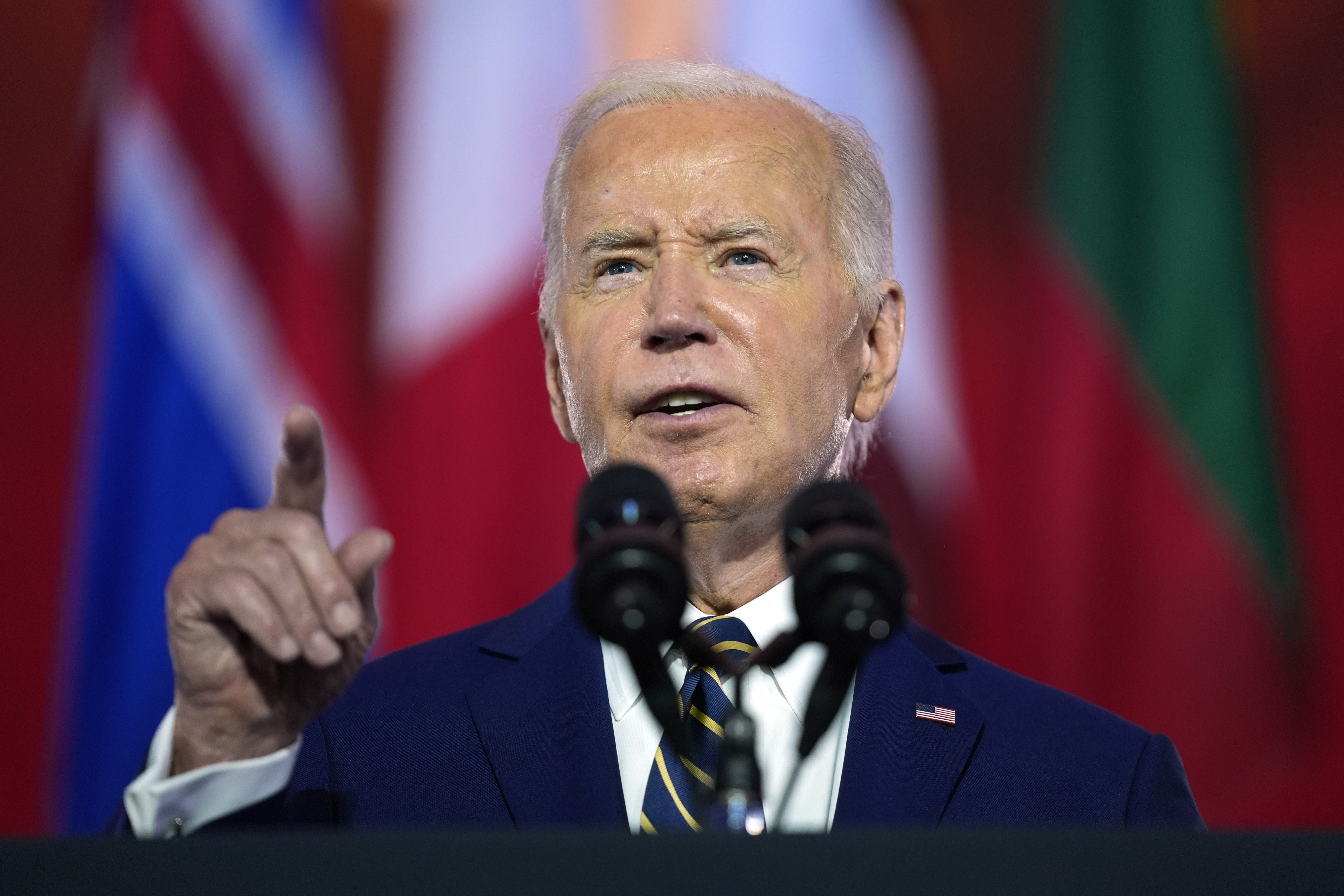 President Joe Biden delivers remarks on the 75th anniversary of NATO at the Andrew W. Mellon Auditorium, Tuesday, July 9, 2024, in Washington. The Biden administration is imposing tariffs on steel and aluminum shipped from Mexico that were made elsewhere. It's an attempt to stop China from avoiding import taxes by routing goods through one of the United States’ closest trading partners. (AP Photo/Evan Vucci)