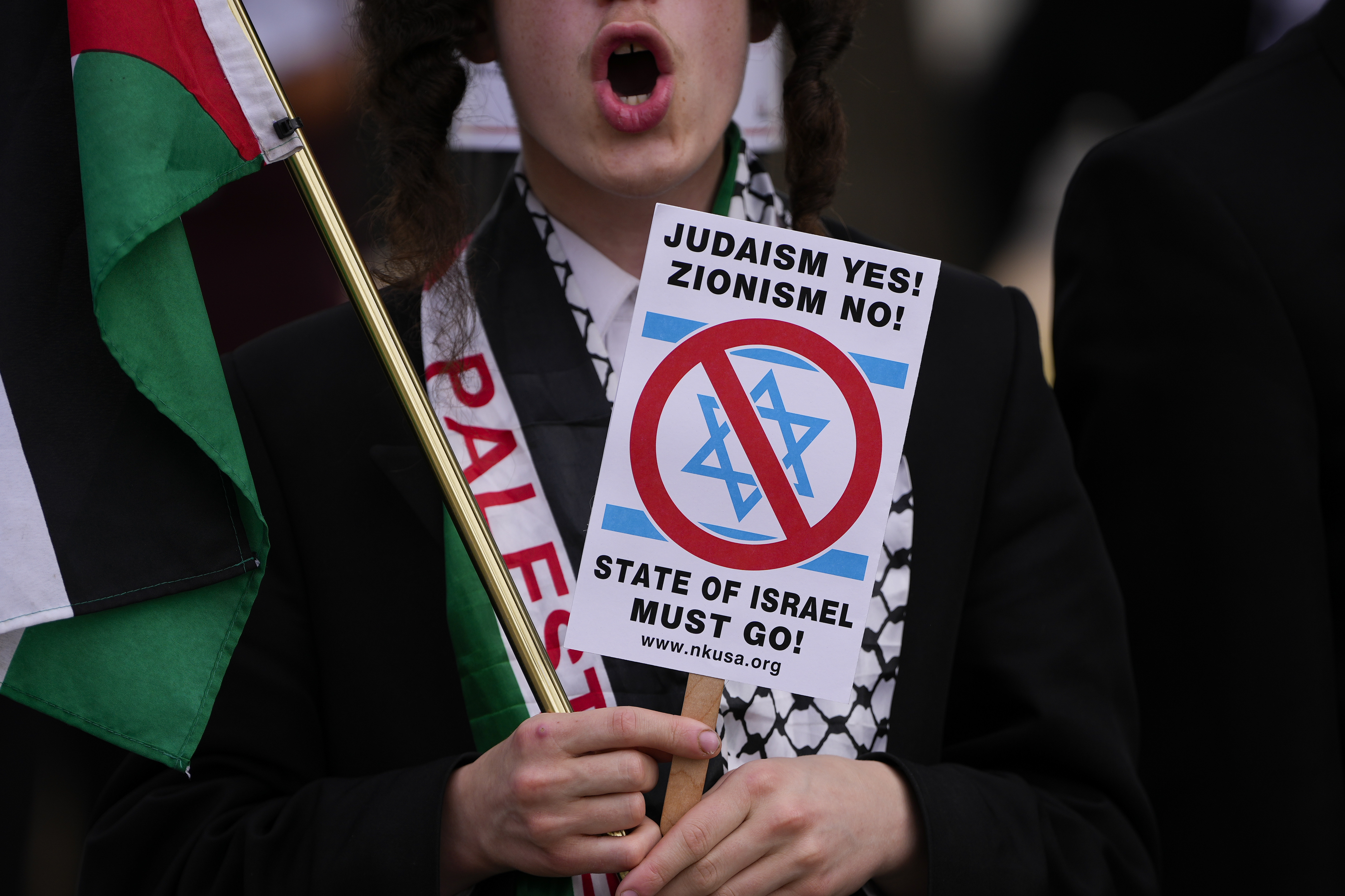 A demonstrator protesting near the Capitol during Israeli Prime Minister Benjamin Netanyahu's visit to Washington on Wednesday, July 24, 2024. (AP Photo/Matt Slocum)