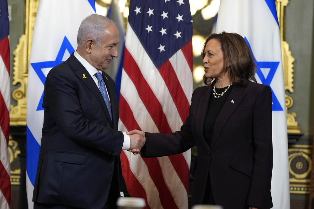 Vice President Kamala Harris, right, shakes hands with Israeli Prime Minister Benjamin Netanyahu before a meeting at the Eisenhower Executive Office Building on the White House complex in Washington, Thursday, July 25, 2024. (AP Photo/Julia Nikhinson)