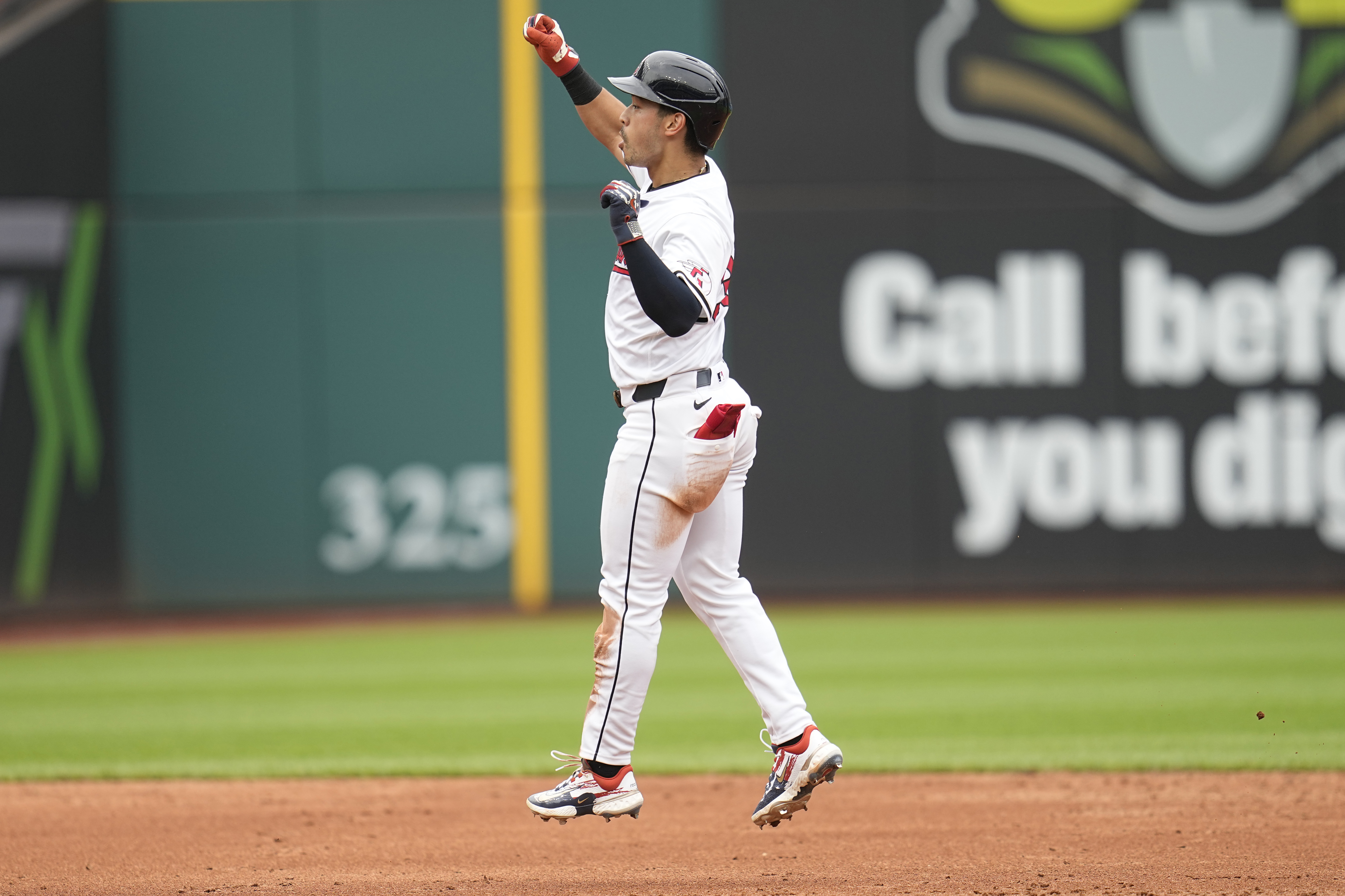 Cleveland Guardians' Steven Kwan celebrates his home run in the third inning of a baseball game against the Chicago White Sox, Thursday, July 4, 2024, in Cleveland. (AP Photo/Sue Ogrocki)