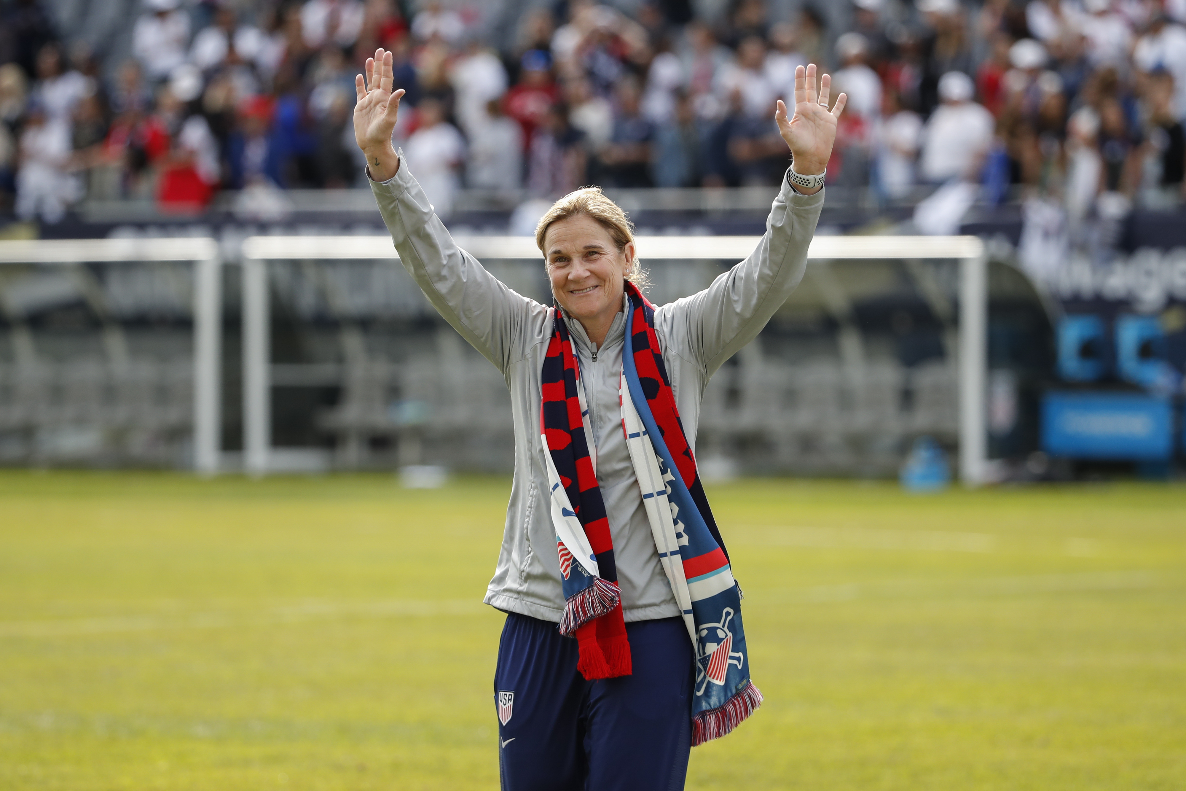 FILE - United States head coach Jill Ellis waves to the crowd as she leaves the field after an international friendly soccer match between the United States and South Korea, Sunday, Oct. 6, 2019, in Chicago. The San Diego Wave called accusations made by a former employee on social media “inaccurate and defamatory” in a statement on Wednesday, July 3, 2024. Brittany Alvarado, who says she is a former video and creative manger for the team, called on the National Women's Soccer League to remove to team President Jill Ellis, the former coach of the U.S. women's national team. (AP Photo/Kamil Krzaczynski, File)