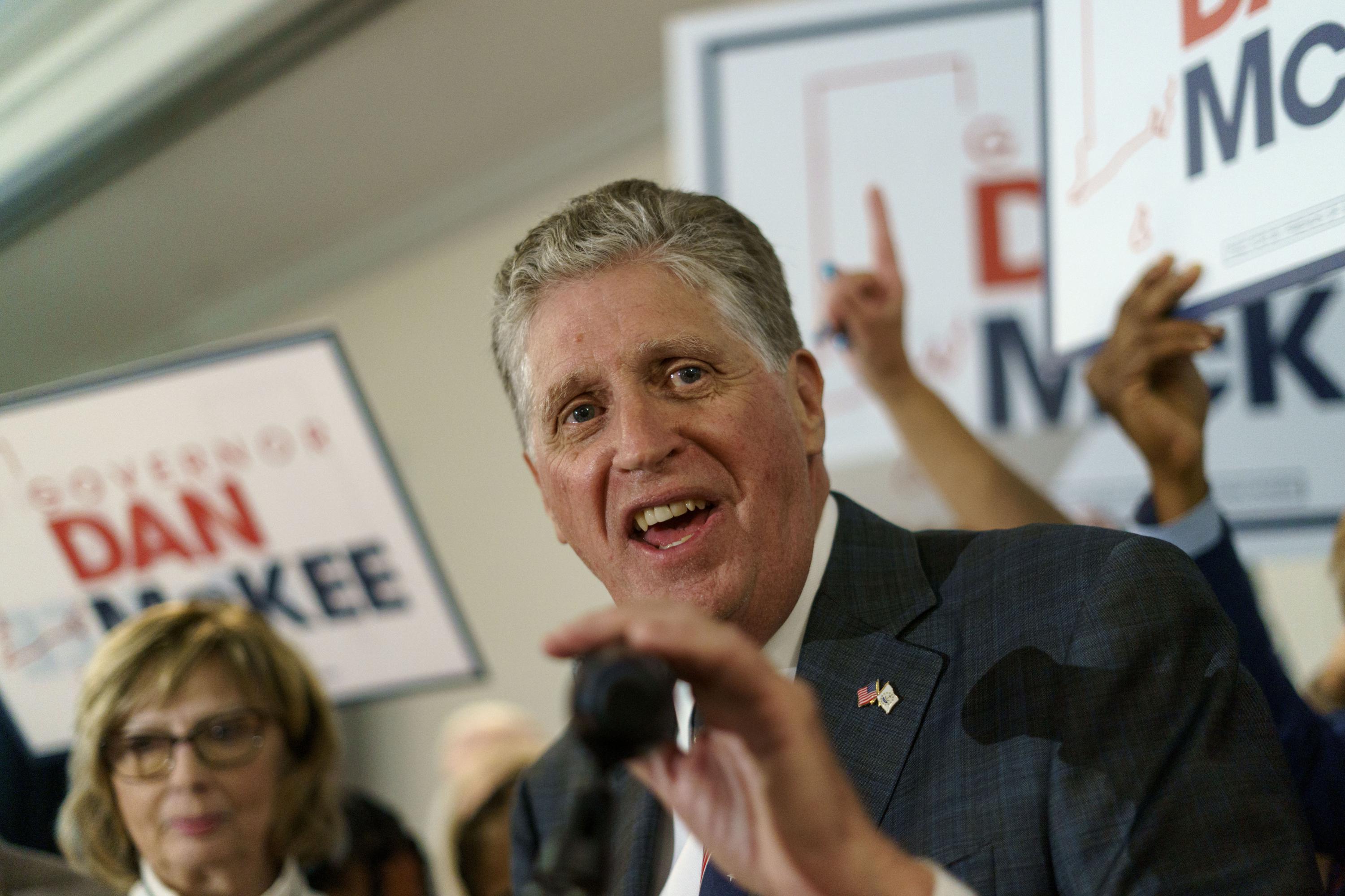 FILE — Rhode Island Gov. Dan McKee gives an acceptance speech Tuesday, Sept. 13, 2022, in front of supporters at a primary election night watch party, in Providence, R.I. McKee is to take oath of office in a ceremony Tuesday, Jan. 3, 2023. (AP Photo/David Goldman, File)