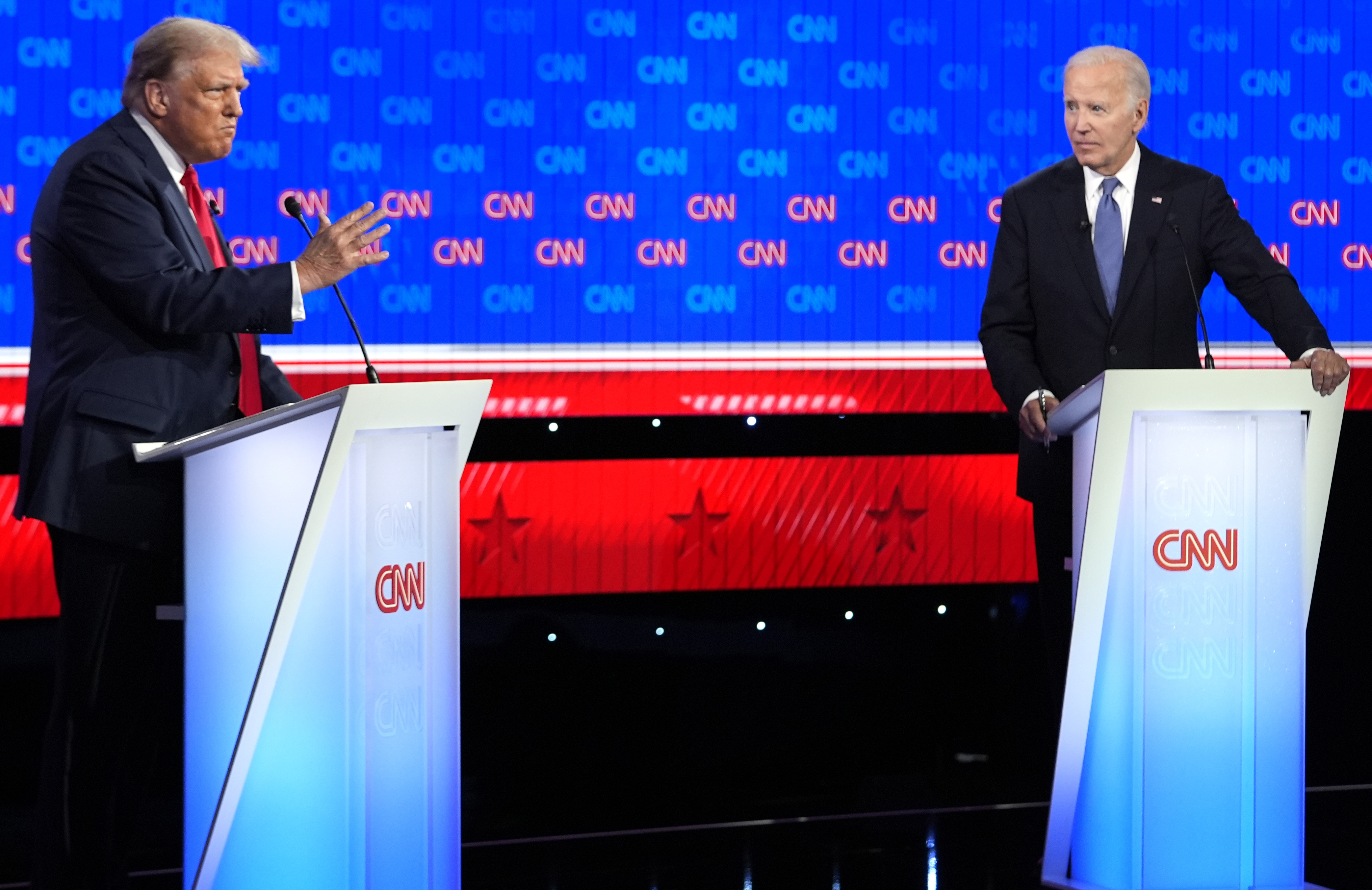 President Joe Biden, right, and Republican presidential candidate former President Donald Trump, left, participate in a presidential debate hosted by CNN, Thursday, June 27, 2024, in Atlanta. (AP Photo/Gerald Herbert)