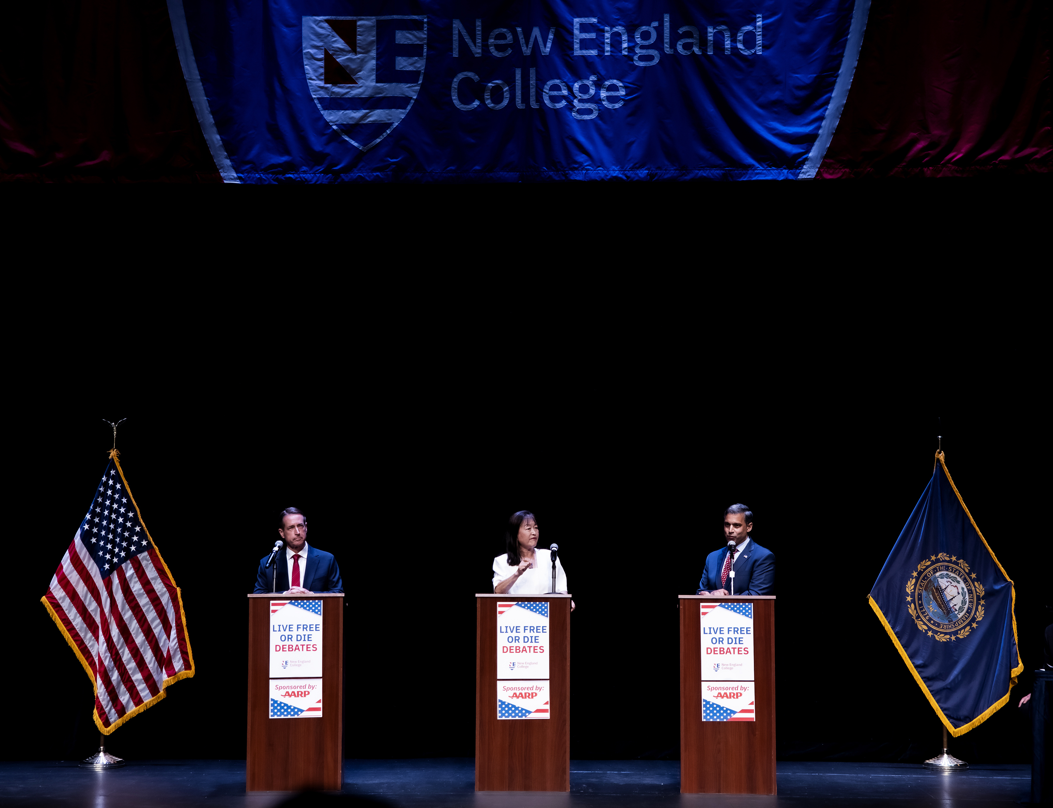 Republican candidates William Hamlen, from left, Lily Tang Williams and Vikram Mansharamani at the 2nd Congressional District Primary Debate at the Rosamond Page Putnam Center for the Performing Arts on the campus of New England College Wednesday , Sept. 4, 2024, in Henniker, N.H. The candidates are hoping to replace U.S. Rep. Annie Kuster who is not running for reelection. (Geoff Forester/The Concord Monitor via AP)