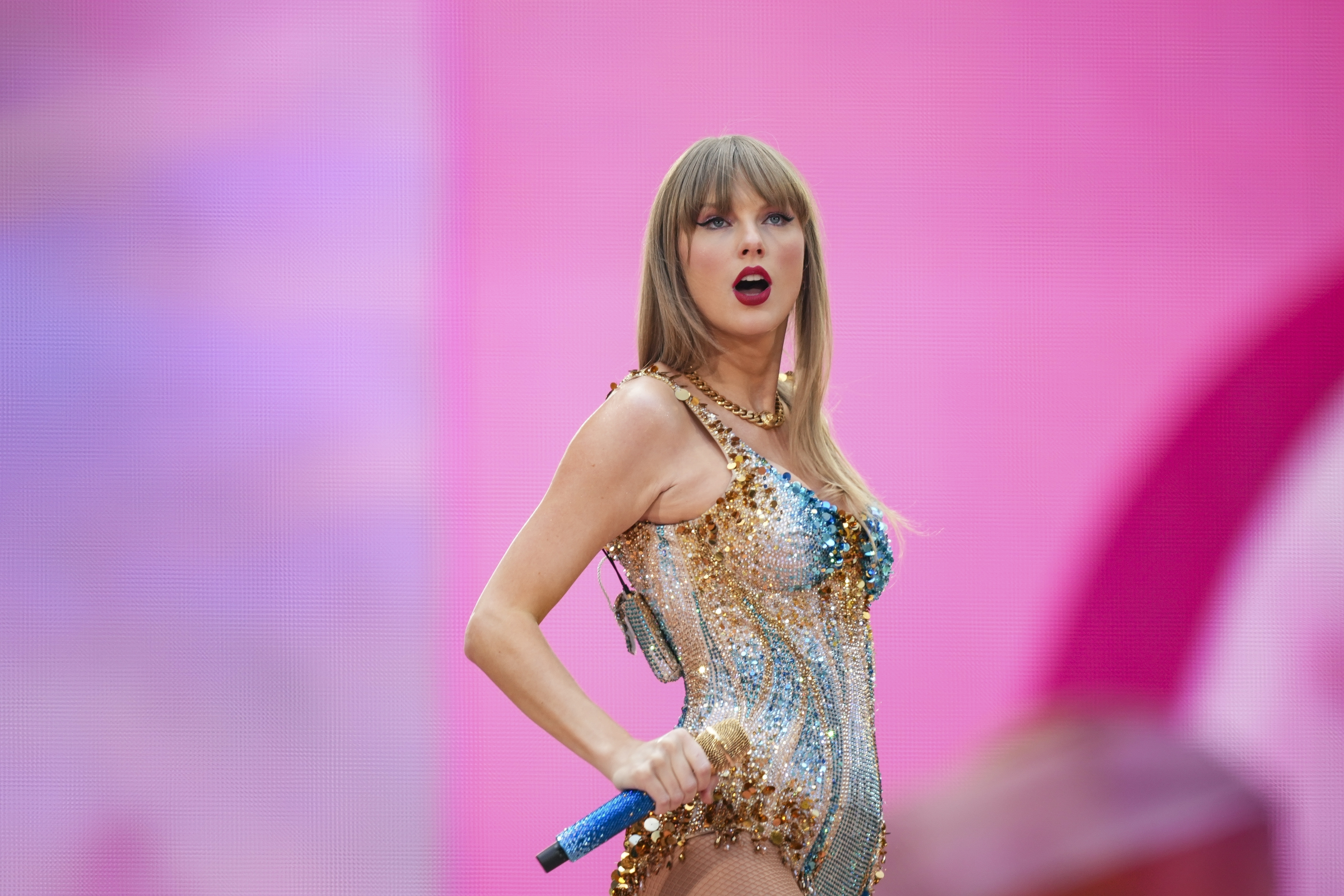 FILE - Taylor Swift performs at Wembley Stadium as part of her Eras Tour, June 21, 2024, in London. (Photo by Scott A Garfitt/Invision/AP, File)