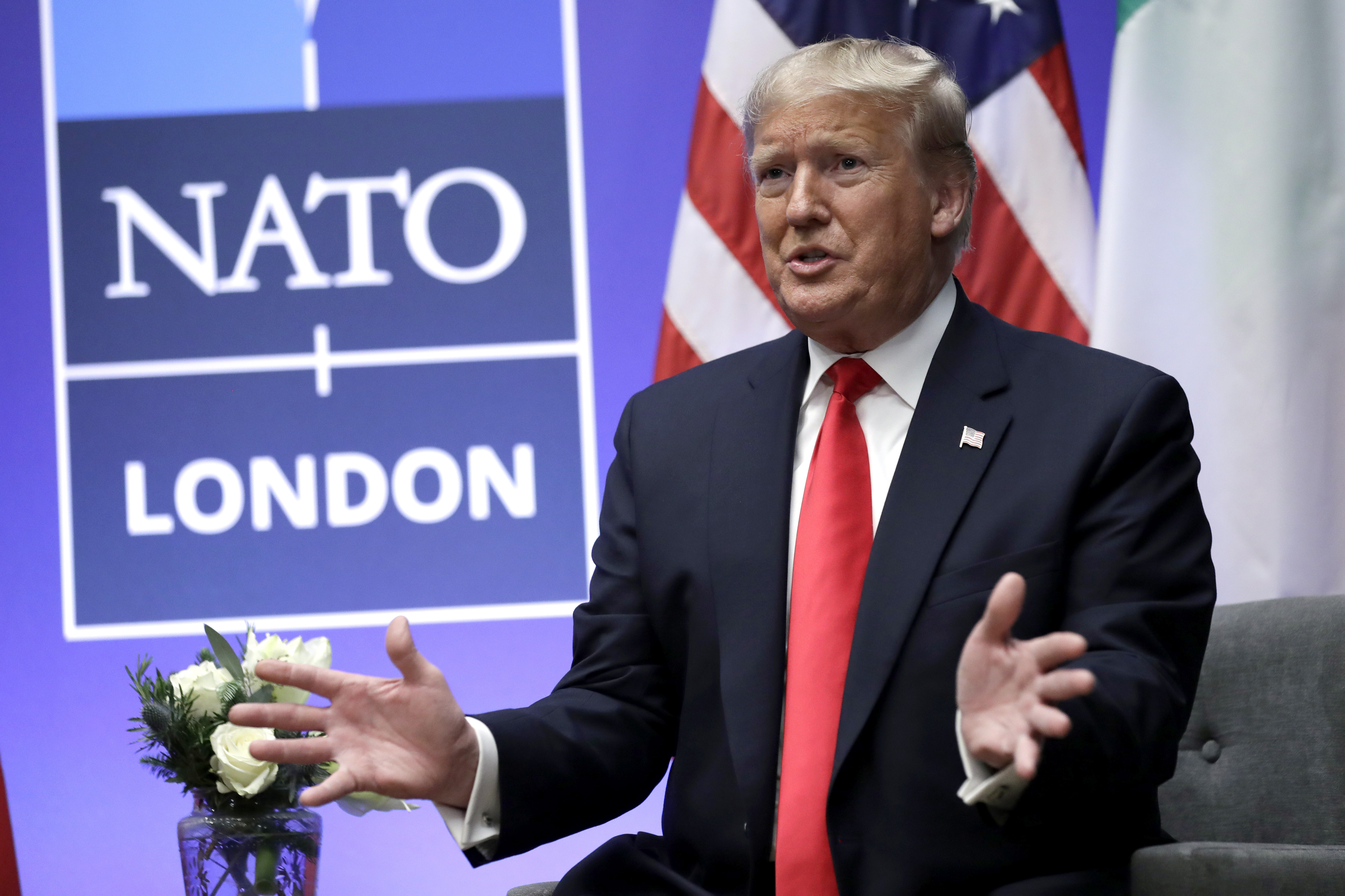 FILE - President Donald Trump speaks during the NATO summit, Dec. 4, 2019, in Watford, England. NATO allies are gathering in Washington for a summit this week, and the prospect that former President Trump, the military alliance's most prominent critic, may return to power is dominating discussions. President Joe Biden's shaky performance in the presidential debate last month escalated doubts about his reelection. It's given rise to the term "Trump-proofing" or "future-proofing" NATO, making the alliance more self-sufficient. (AP Photo/ Evan Vucci, File)