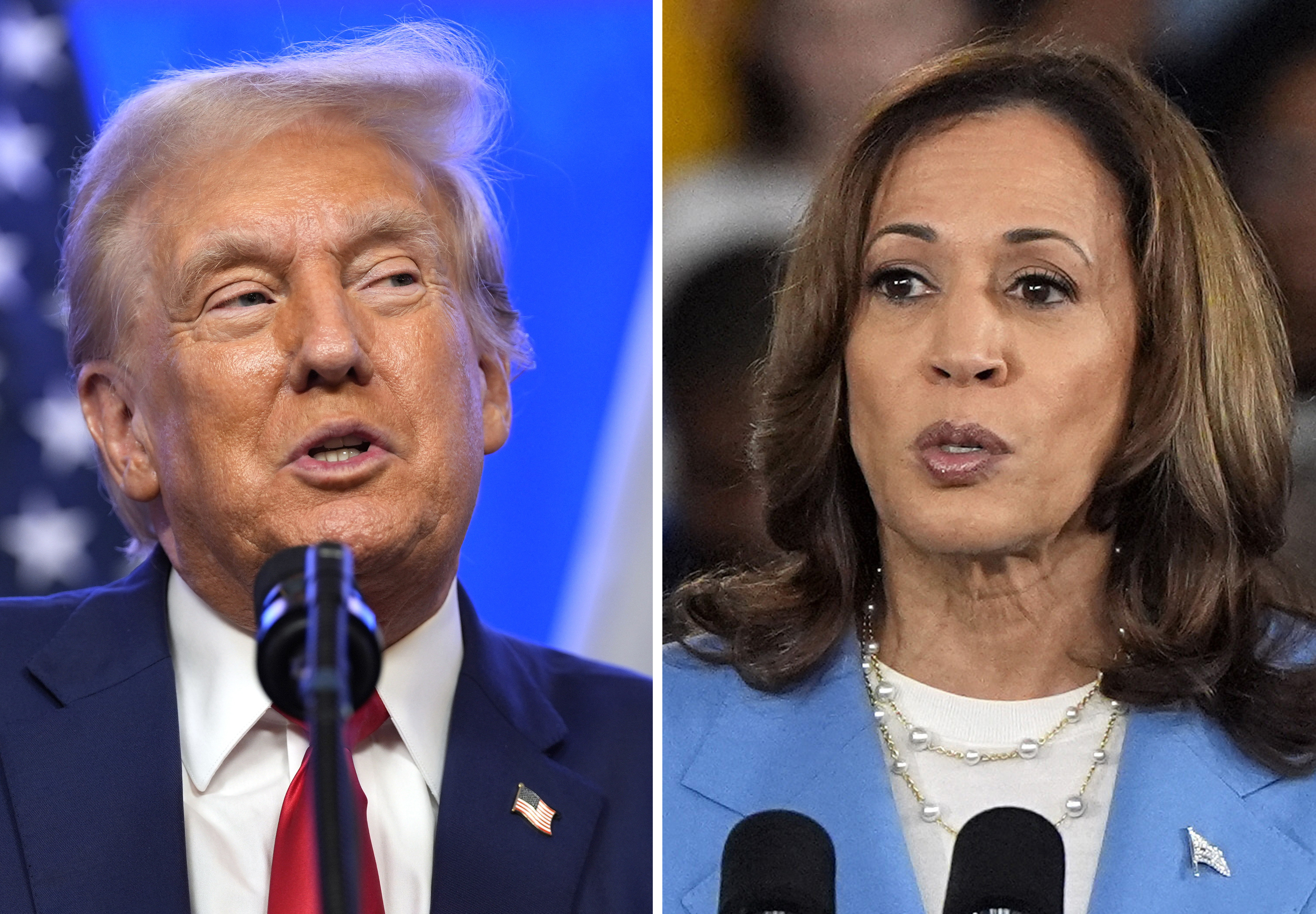 This combination photo shows Republican presidential nominee former President Donald Trump at an event, Aug. 15, 2024, in Bedminster, N.J., left, and Democratic presidential nominee Vice President Kamala Harris at a campaign event in Raleigh, N.C., Aug. 16, 2024. (AP Photo)