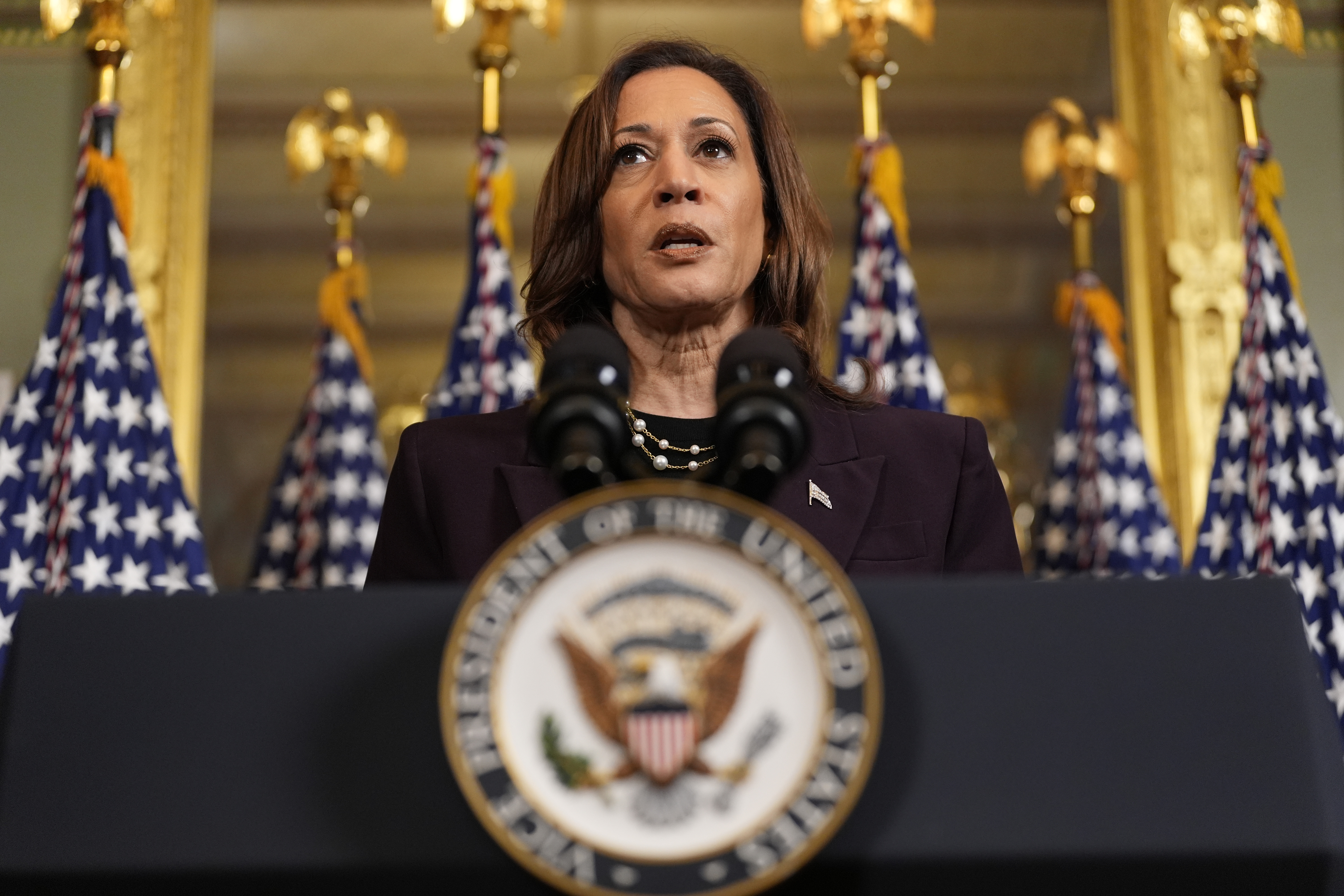 Vice President Kamala Harris speaks following a meeting with Israeli Prime Minister Benjamin Netanyahu at the Eisenhower Executive Office Building on the White House complex in Washington, Thursday, July 25, 2024. (AP Photo/Julia Nikhinson)