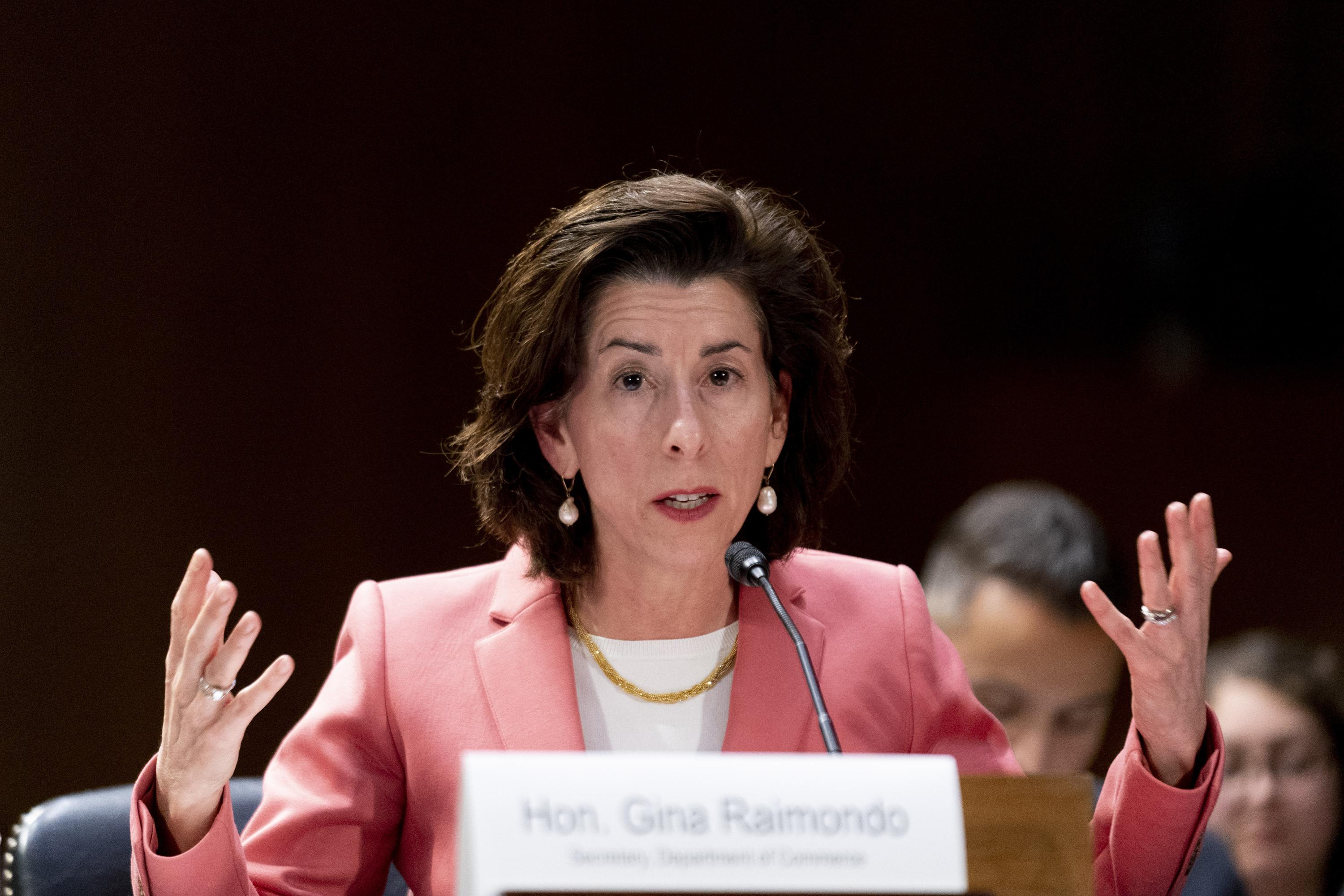 FILE - Commerce Secretary Gina Raimondo speaks during a Senate Appropriations hearing on the President's proposed budget request for fiscal year 2024, on Capitol Hill in Washington, May 16, 2023. Raimondo and her Chinese counterpart, Wang Wentao, expressed concern Thursday, May 25, 2023 about policies of each other’s governments following Chinese raids on consulting firms and U.S. curbs on exports of semiconductor technology, their governments said. (AP Photo/Andrew Harnik, File)