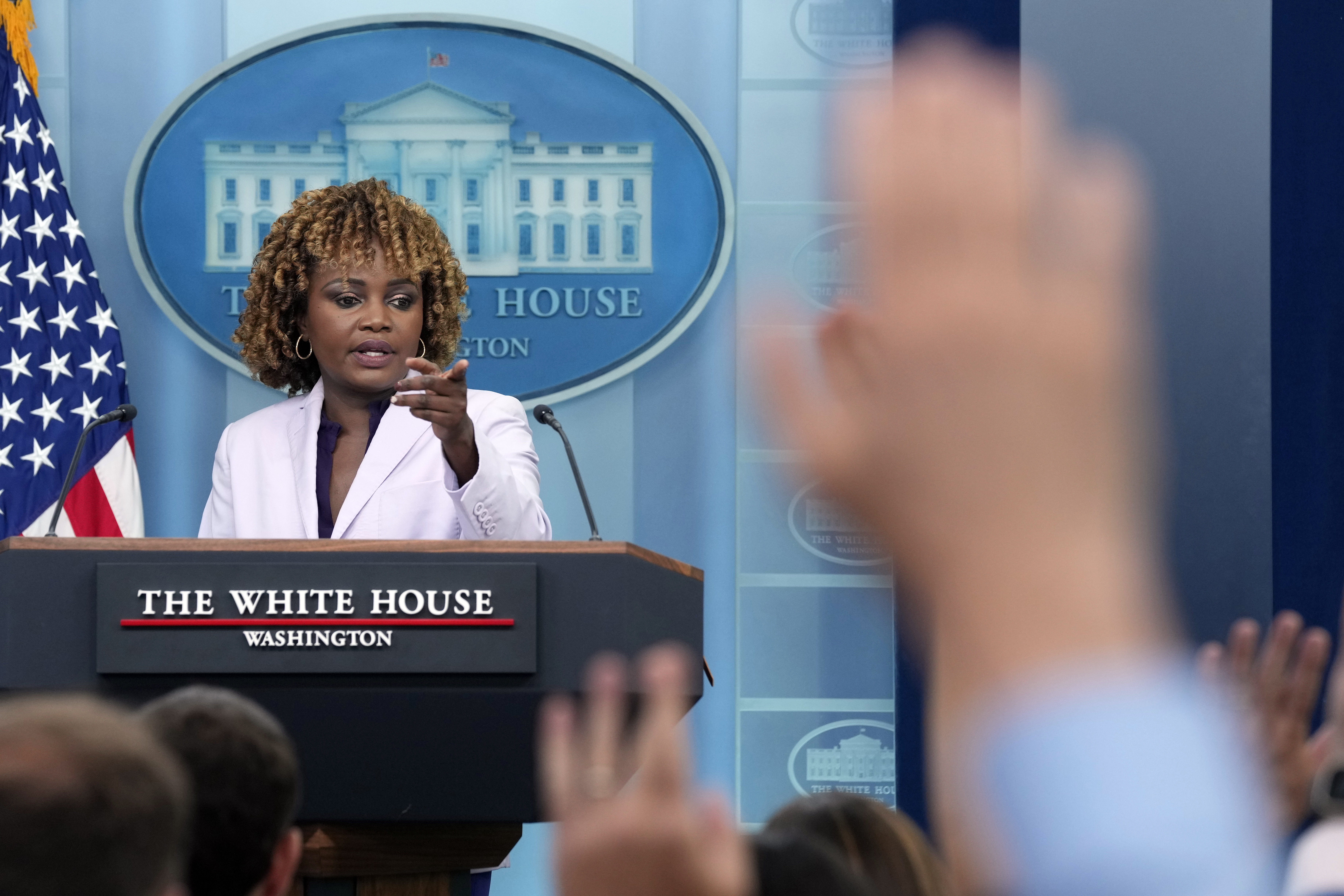 White House press secretary Karine Jean-Pierre takes questions during the daily briefing at the White House in Washington, Monday, July 8, 2024. (AP Photo/Susan Walsh)
