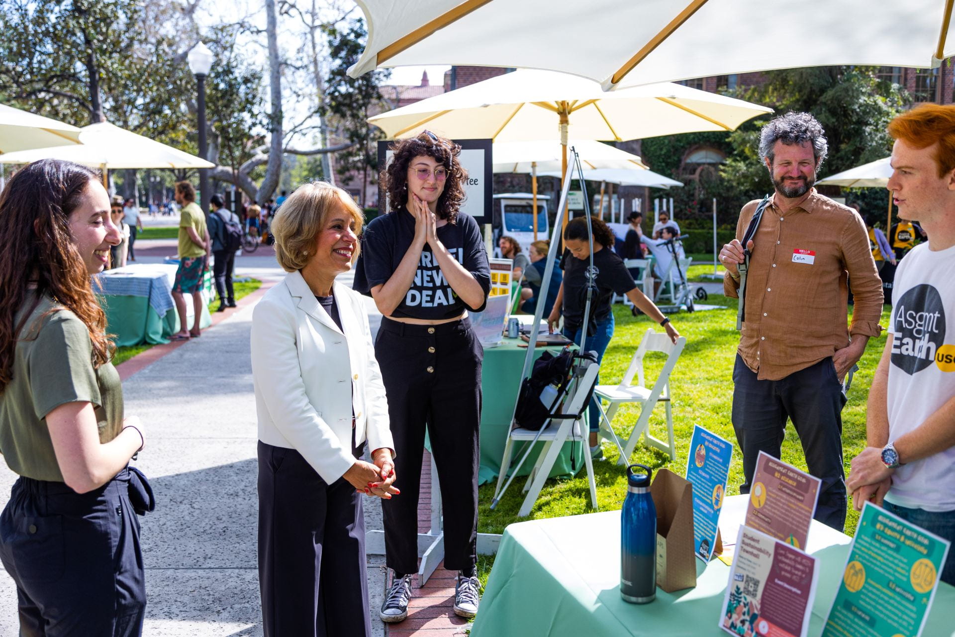 President Carol Folt engages students, faculty and staff in discussion at the USC Arts & Climate Sustainability Fair.