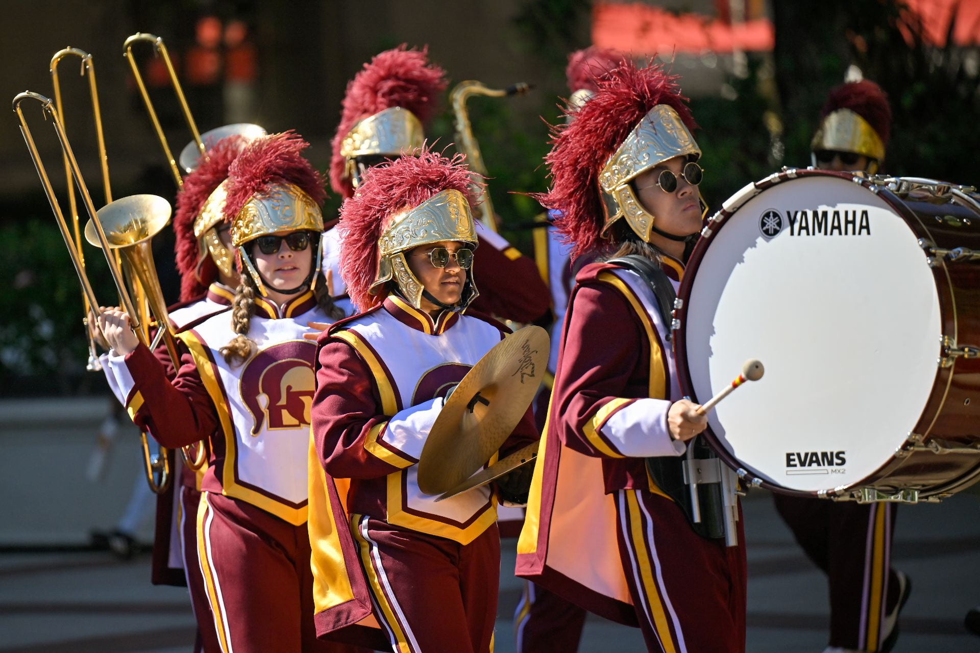 The USC Trojan Marching Band performs during the first generation college student celebration.