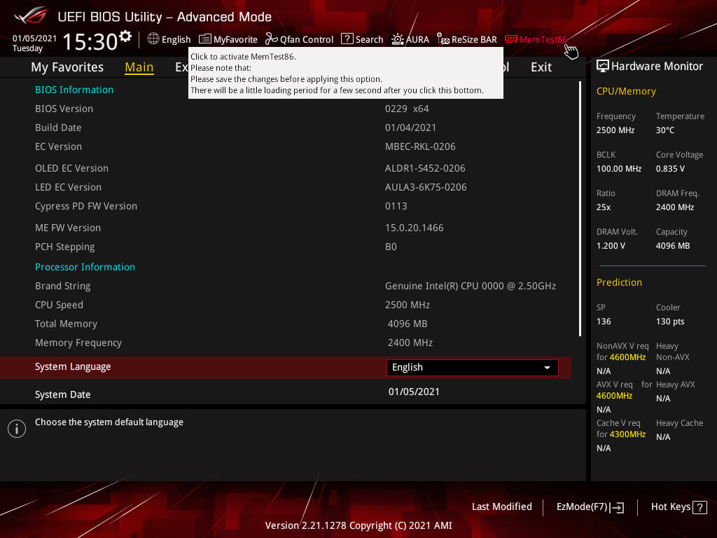 The user interface of MemTest86