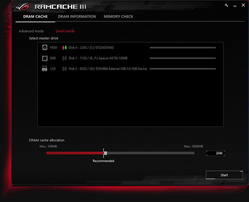 The user interface of RAMCache III Smart Mode