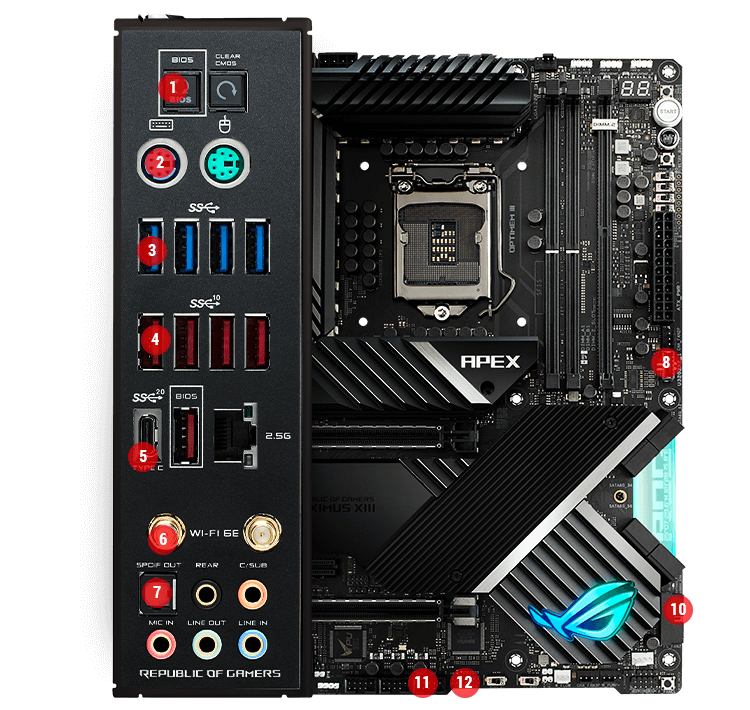 The Connectivity specs of ROG MAXIMUS XIII APEX and hardware interfaces highlighted