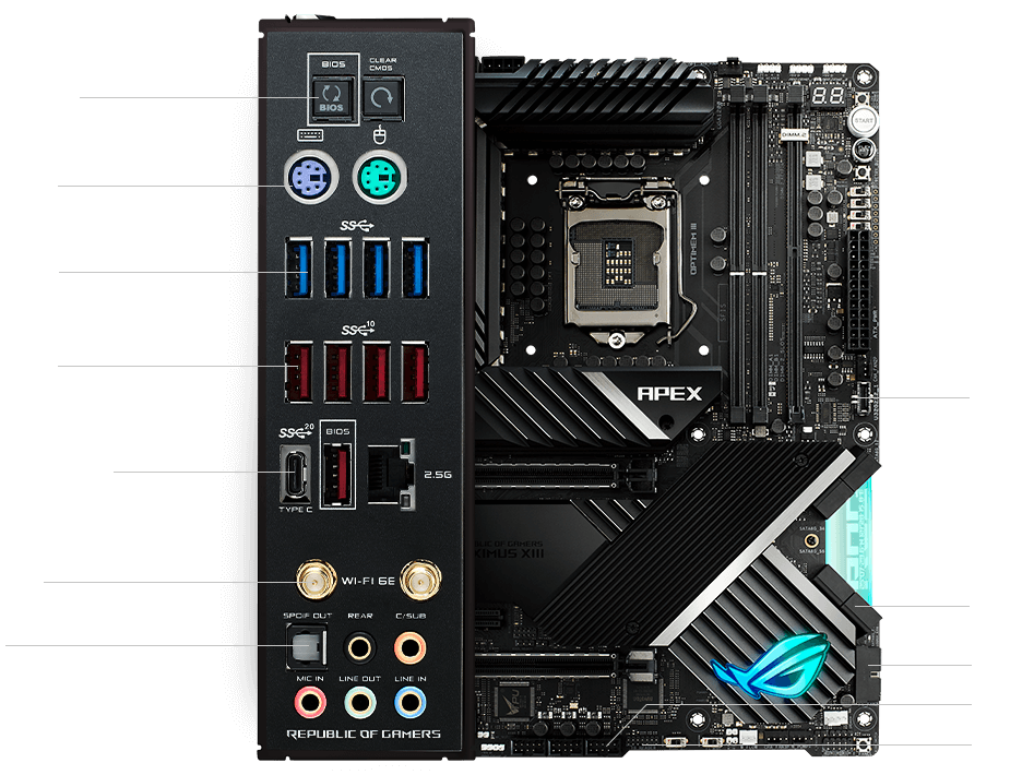 The Connectivity specs of ROG MAXIMUS XIII APEX and hardware interfaces highlighted