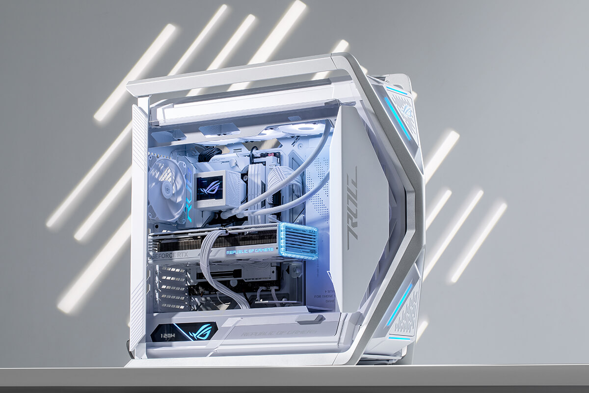 A photo of the ROG Maximus Z790 Formula PC build at a 45-degree angle