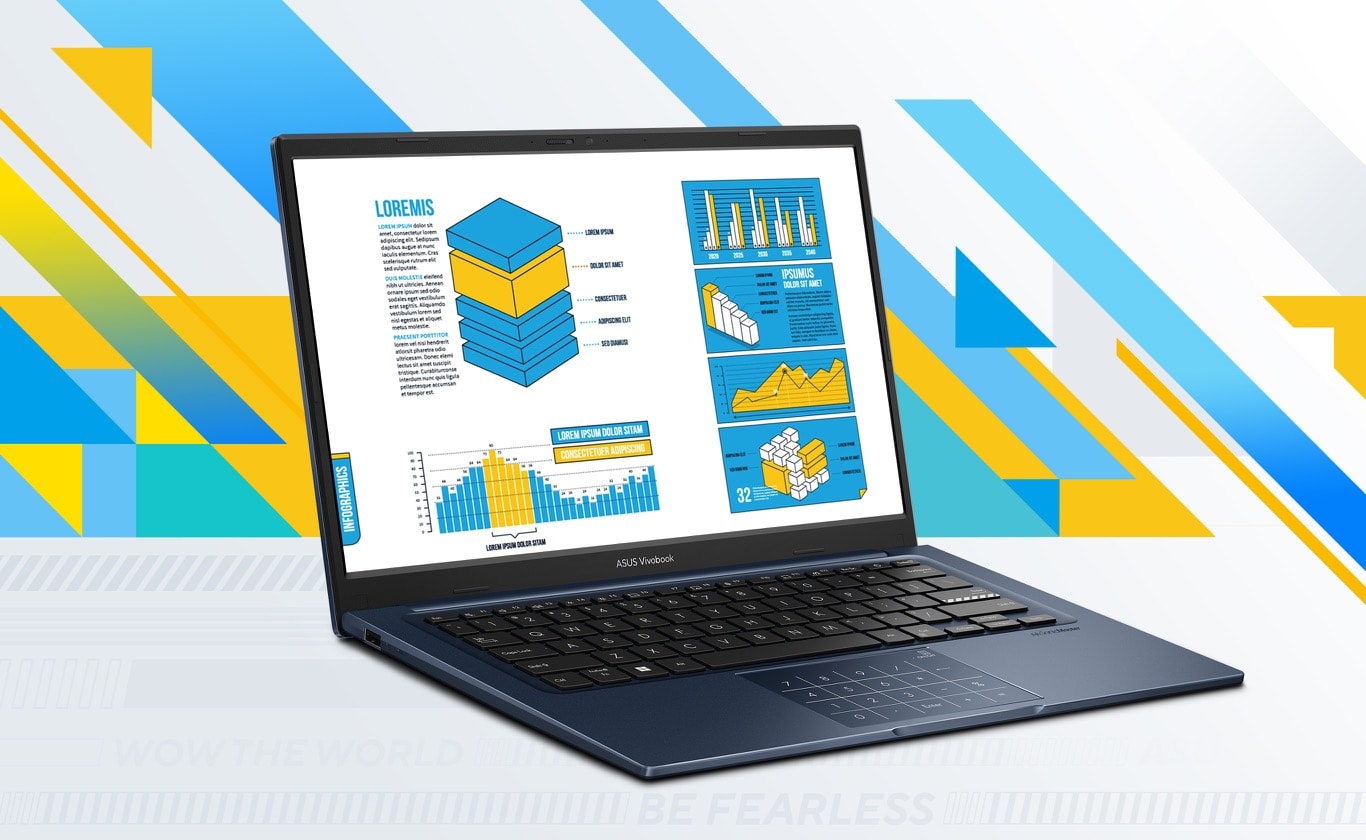 An opened Vivobook 14 showing graphic charts on its screen. 