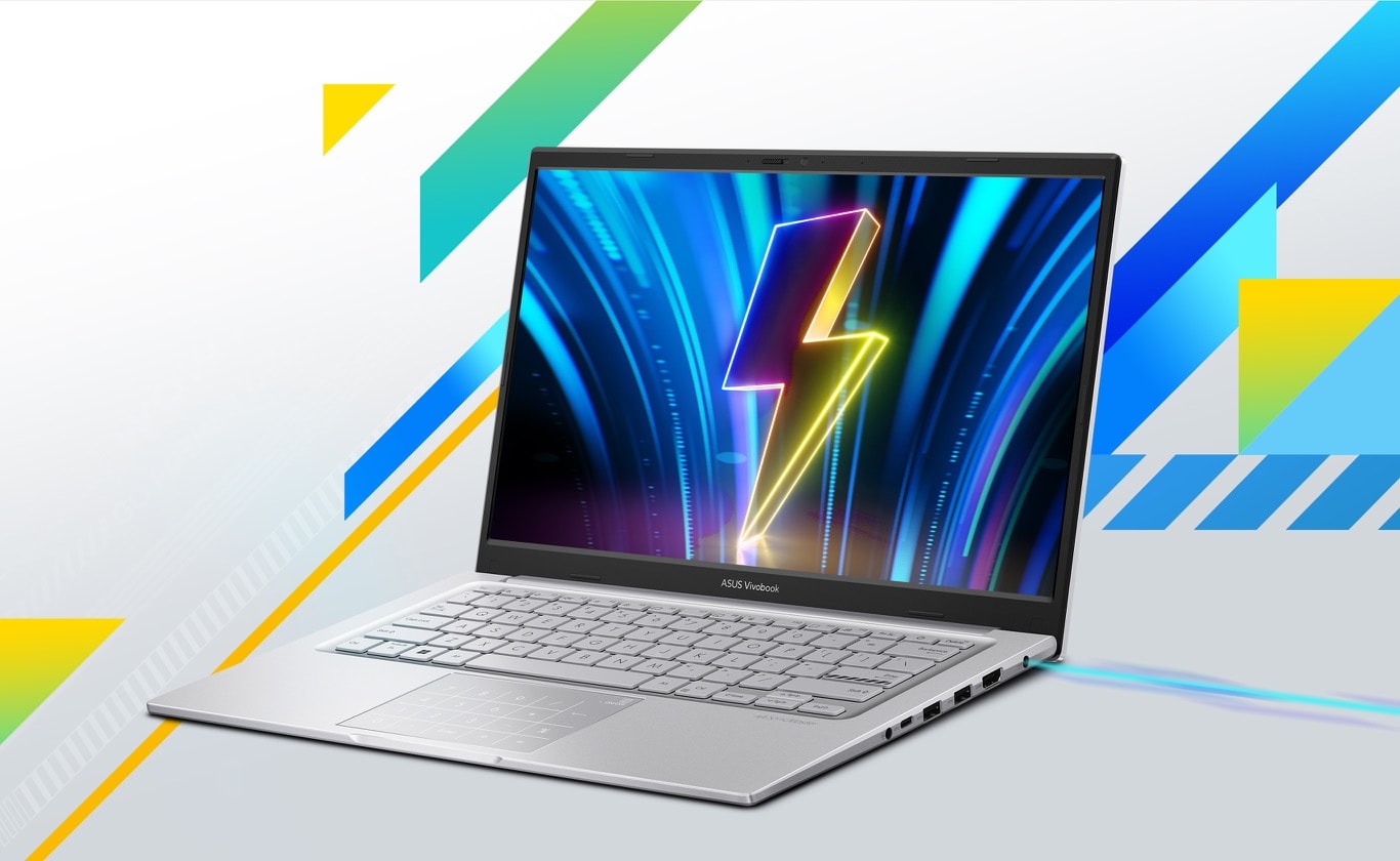 An opened Vivobook 14 with a thunder bolt on its screen. 