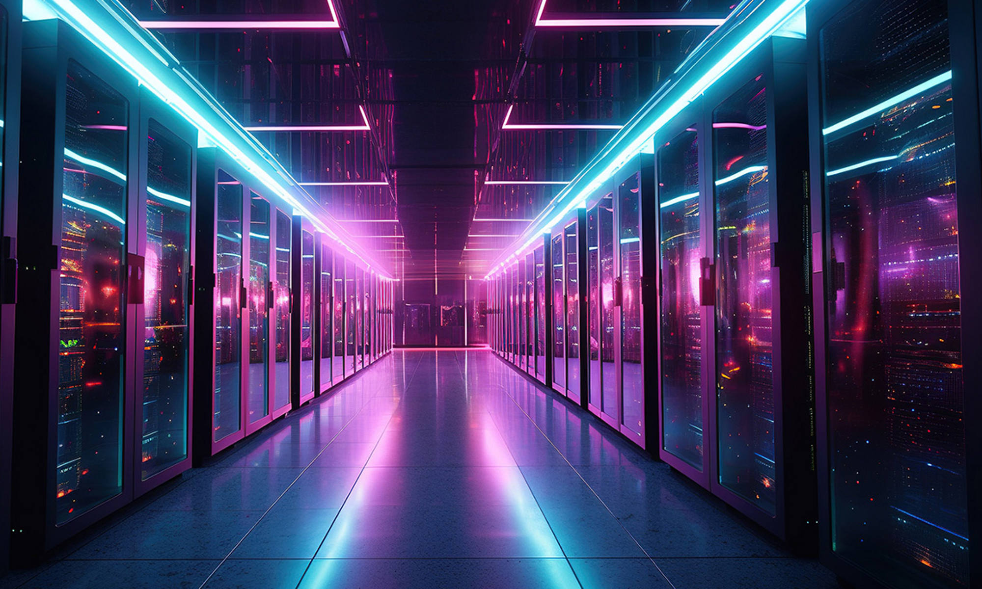 Data Center at night with purple and blue lighting