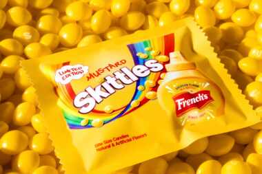 Skittles partnered with French's mustard for mustard-flavored Skittles.