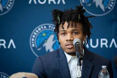 Minnesota Timberwolves NBA basketball draft pick Terrence Shannon Jr. speaks at a press...