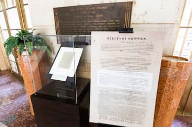 An enlarged photo copy of Union Army Gen. Gordon Granger's announcement that slave had been...