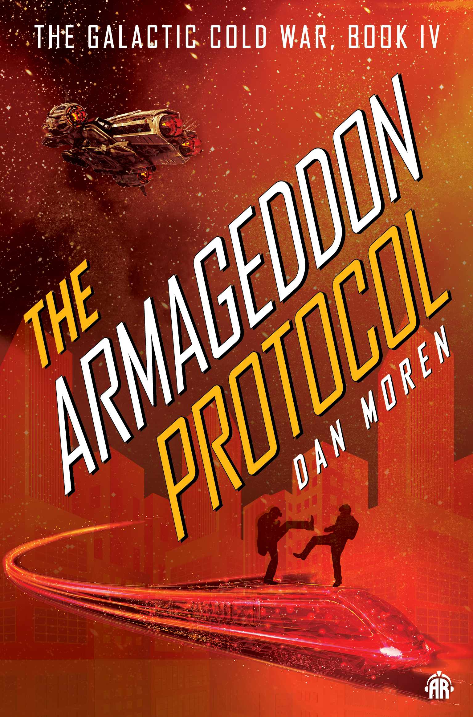 The Armageddon Protocol by Dan Moren cover image: Two people fight on a train against the backdrop of a city