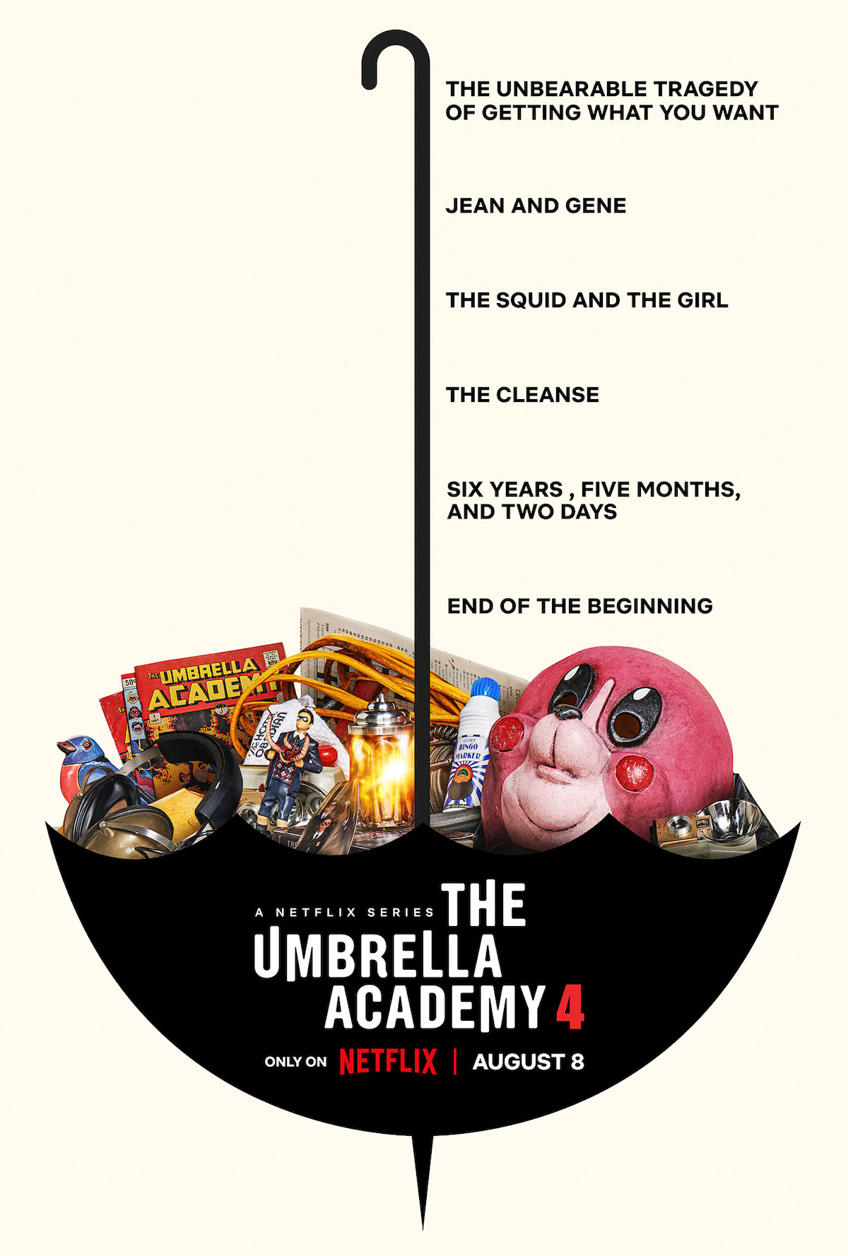 A poster displaying the episode titles for ‘The Umbrella Academy’ Season 4.