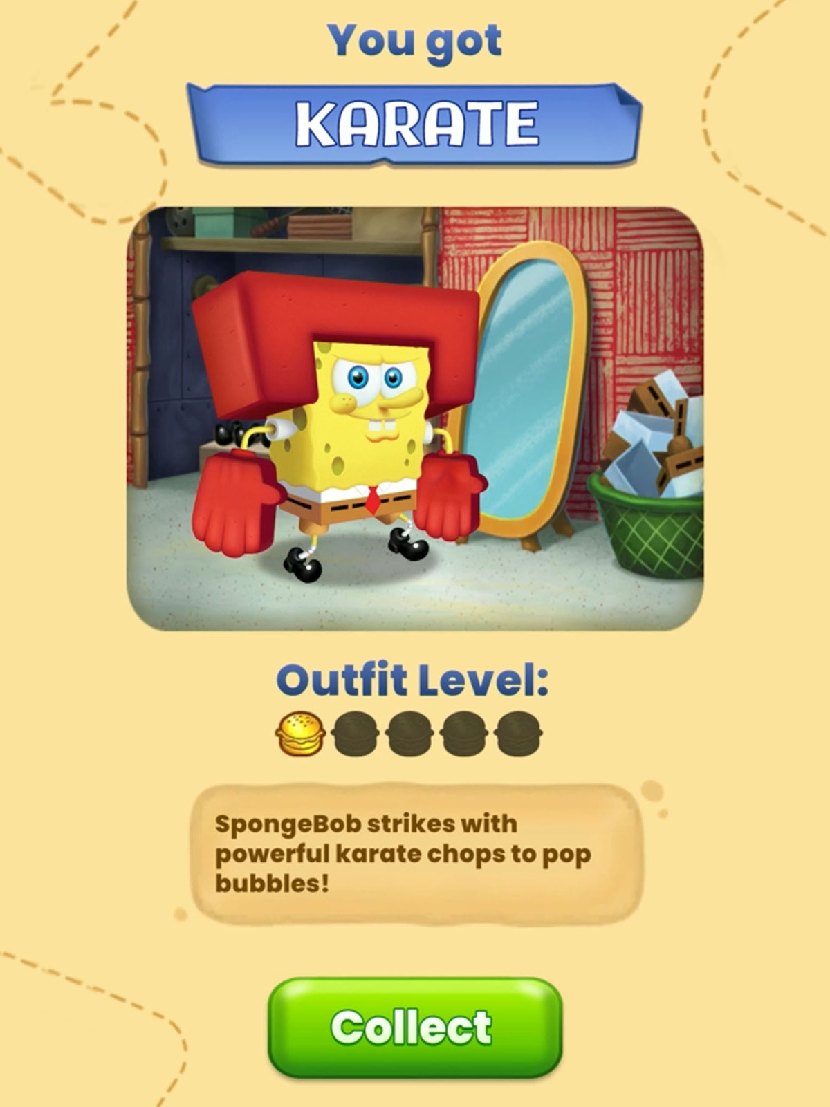 An in-game screenshot from the mobile game ‘SpongeBob: Bubble Pop F.U.N.,’ featuring SpongeBob trying on a karate outfit