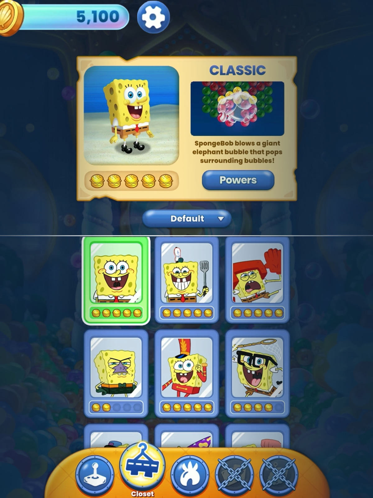 An in-game screenshot from the mobile game ‘SpongeBob: Bubble Pop F.U.N.,’ featuring multiple customization options and upgrades for SpongeBob’s appearance