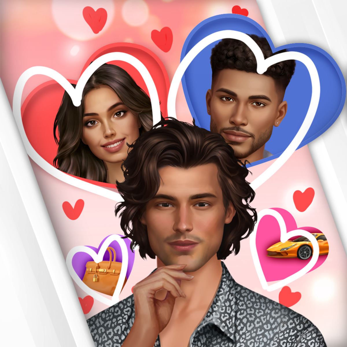 An in-game screenshot for the mobile game ‘Netflix Stories: Selling Sunset’, featuring two men and a woman in illustrated love hearts.